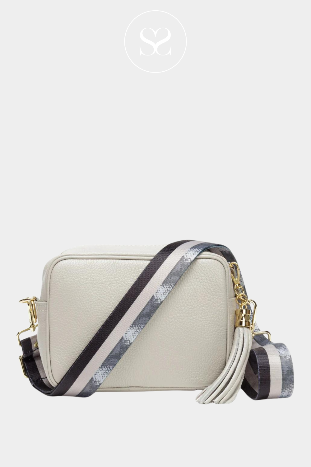 ELIE BEAUMONT LIGHT GREY LEATHER CROSSBODY BAG WITH TASSEL AND GOLD HARDWARE