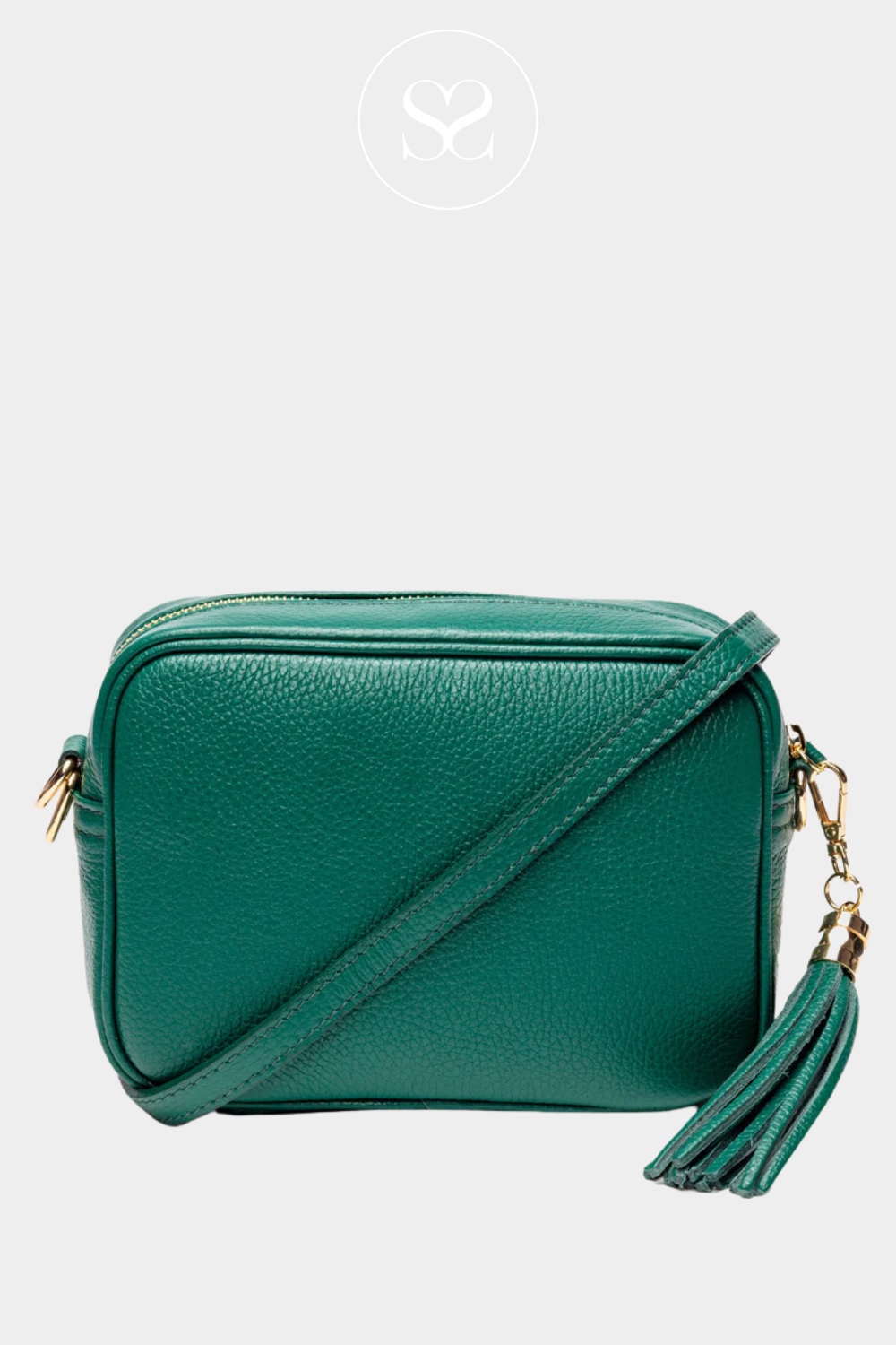 ELIE BEAUMONT PEACOCK GREEN LEATHER CROSSBODY BAG WITH EXTENDABLE LEATHER STRAP. ONE BIG POCKET WITH GOLD ZIP