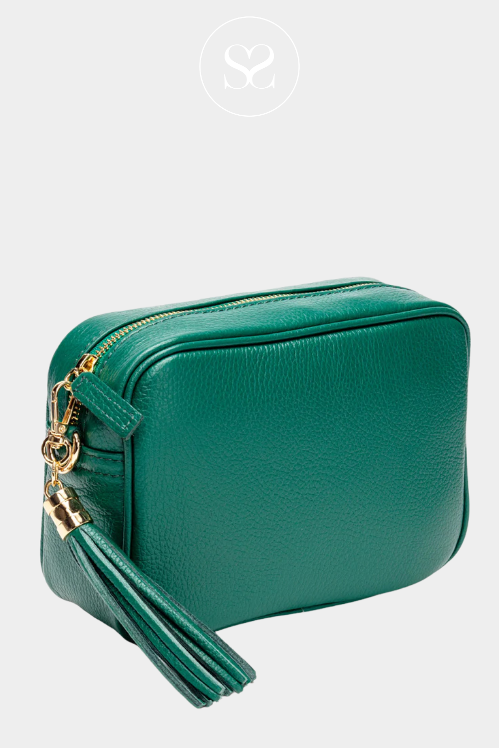 ELIE BEAUMONT PEACOCK GREEN LEATHER SMALL CROSSBODY BAG WITH TASSEL, LONG STRAP AND GOLD ZIP AND DEEP POCKET