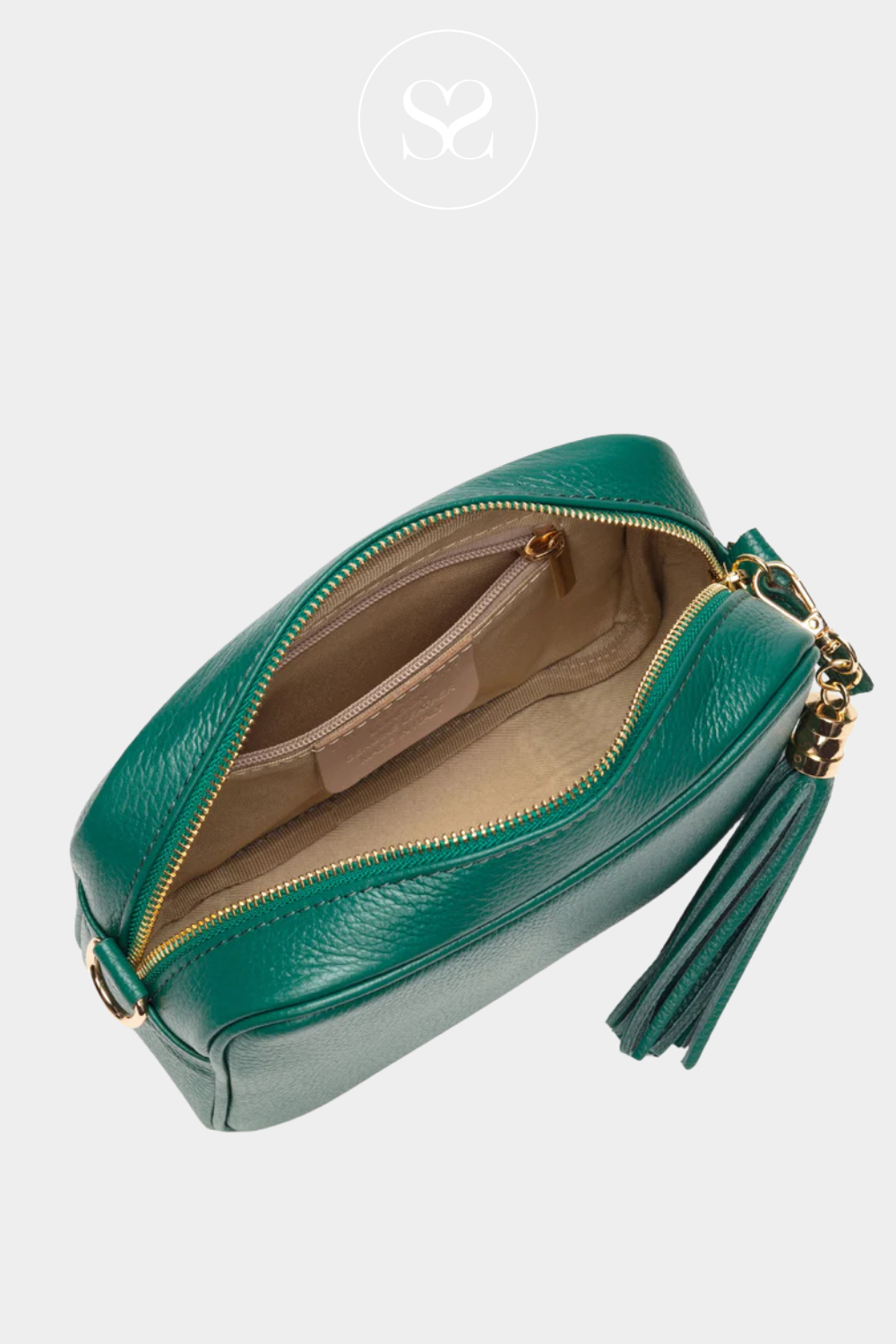 ELIE BEAUMONT PEACOCK GREEN LEATHER SMALL CROSSBODY BAG WITH TASSEL, LONG STRAP AND GOLD ZIP
