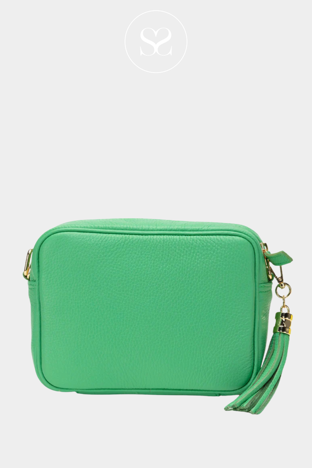 ELIE BEAUMONT LIGHT GREEN LEATHER CROSSBODY BAG WITH TASSEL AND LONG THIN LEATHER CROSSBODY STRAP. GOLD ZIP AND DEEP POCKET