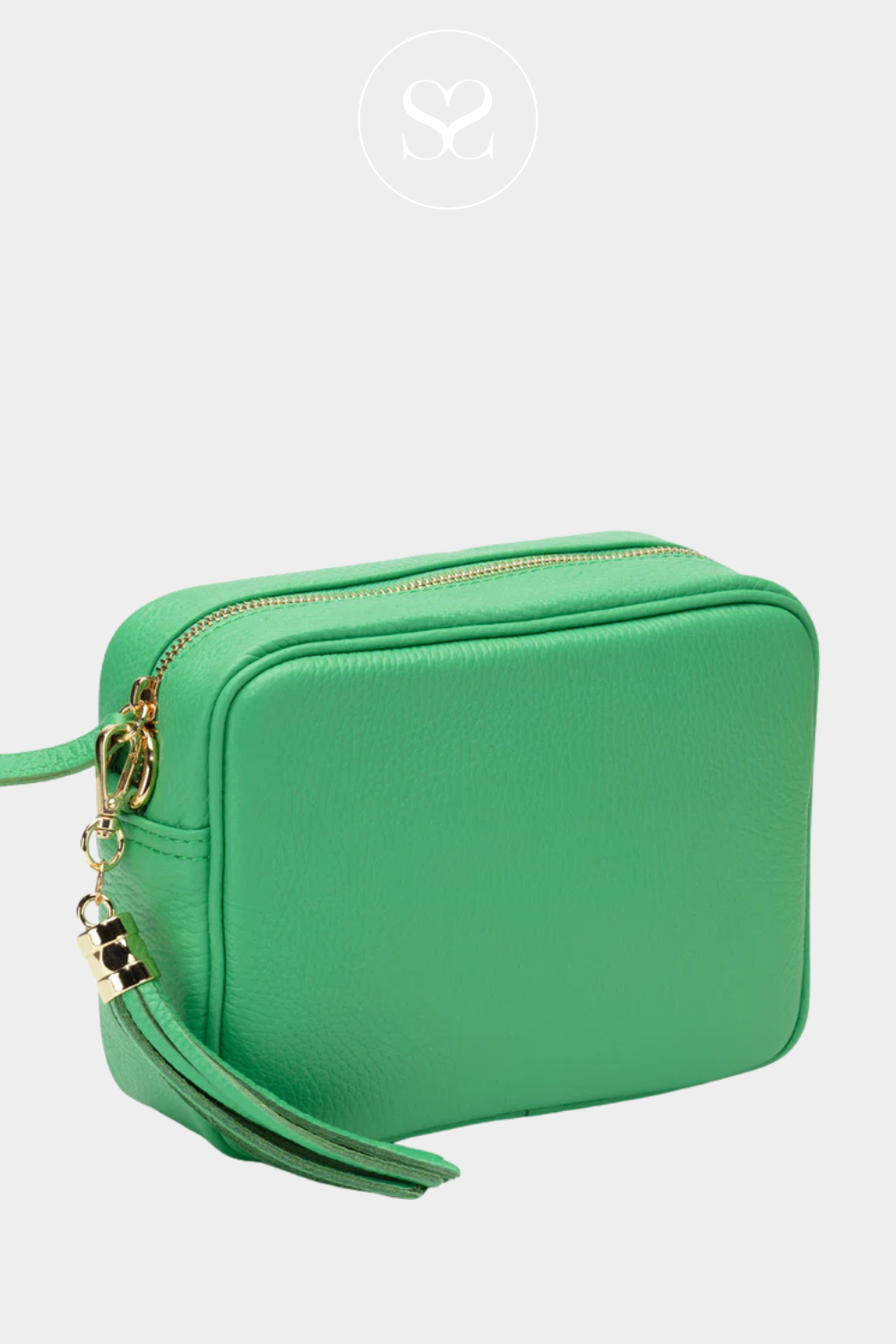 ELIE BEAUMONT LIGHT GREEN LEATHER CROSSBODY BAG WITH TASSEL AND LONG THIN LEATHER CROSSBODY STRAP. GOLD ZIP AND DEEP POCKET