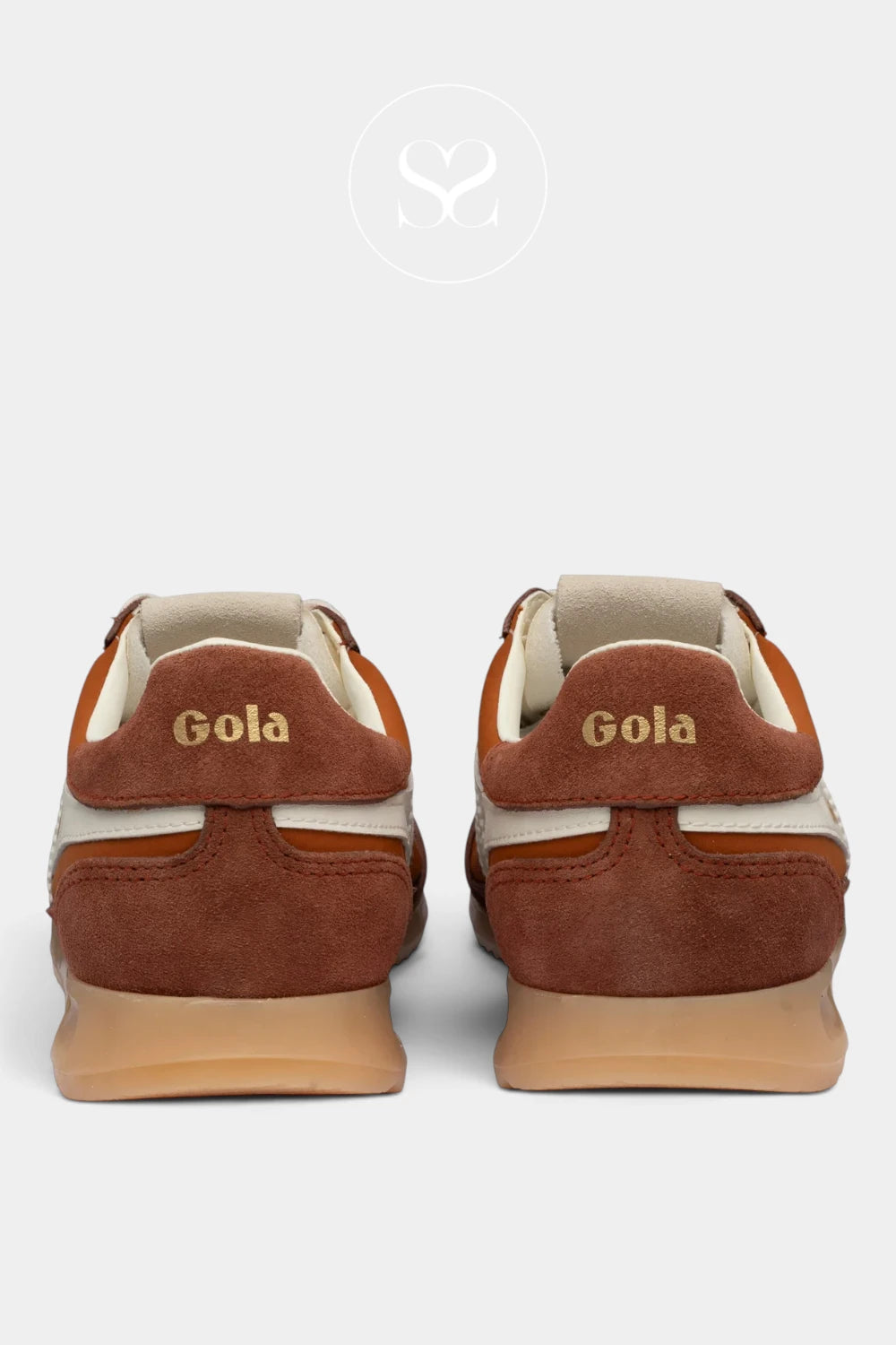 A pair of Gola brand low-top sneakers shown from the back, featuring brown suede uppers, cream leather side panels, and tan rubber soles, set against a light gray background.