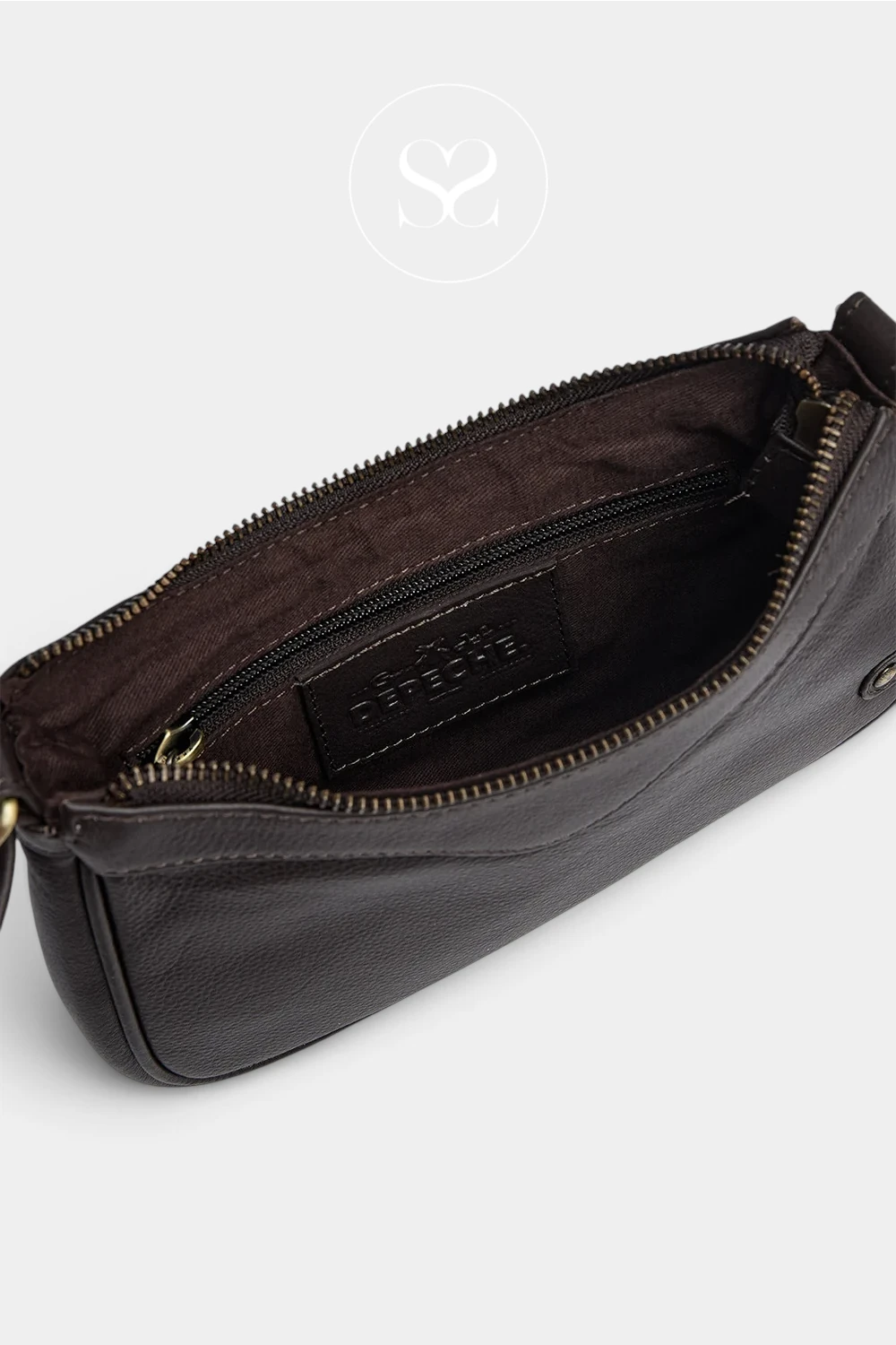Depeche Chocolate Brown Leather Crossbody Bag with Brass Hardware — 17446
