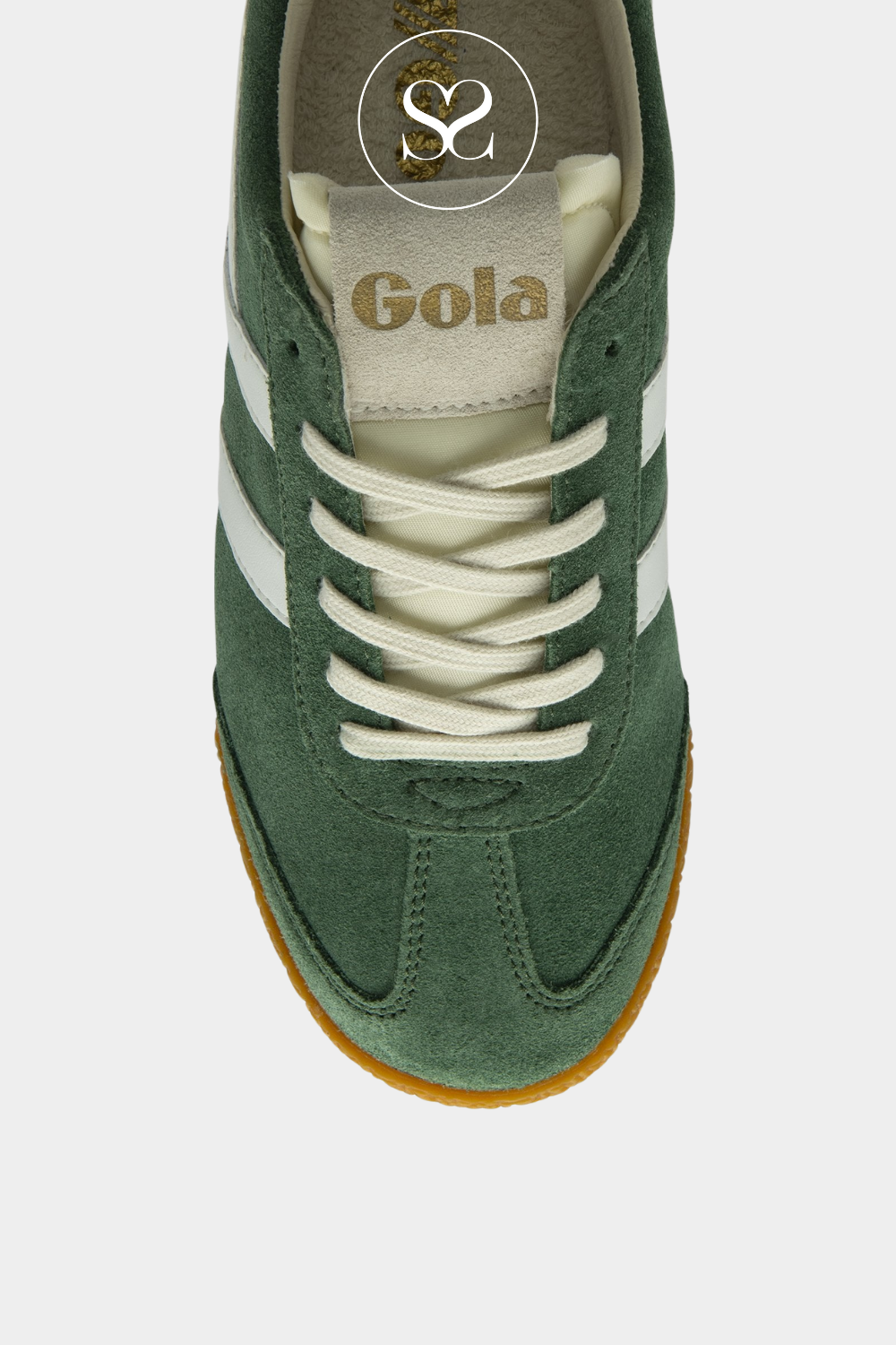 Gola Elan green suede trainer with white stripes on the side. Gola branding on the side. Round toe, white laces and rubber sole. Retro style. Comfortable sneaker. leather lined