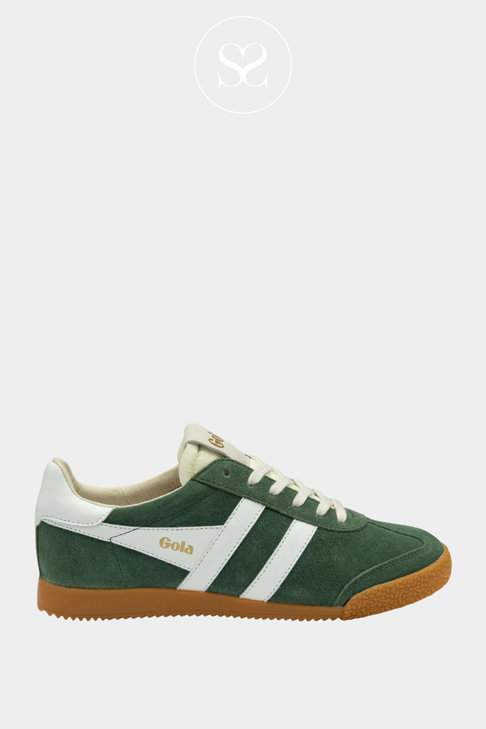 Gola Elan green suede trainer with white stripes on the side. Gola branding on the side. Round toe, white laces and rubber sole. Retro style. Comfortable sneaker. leather lined