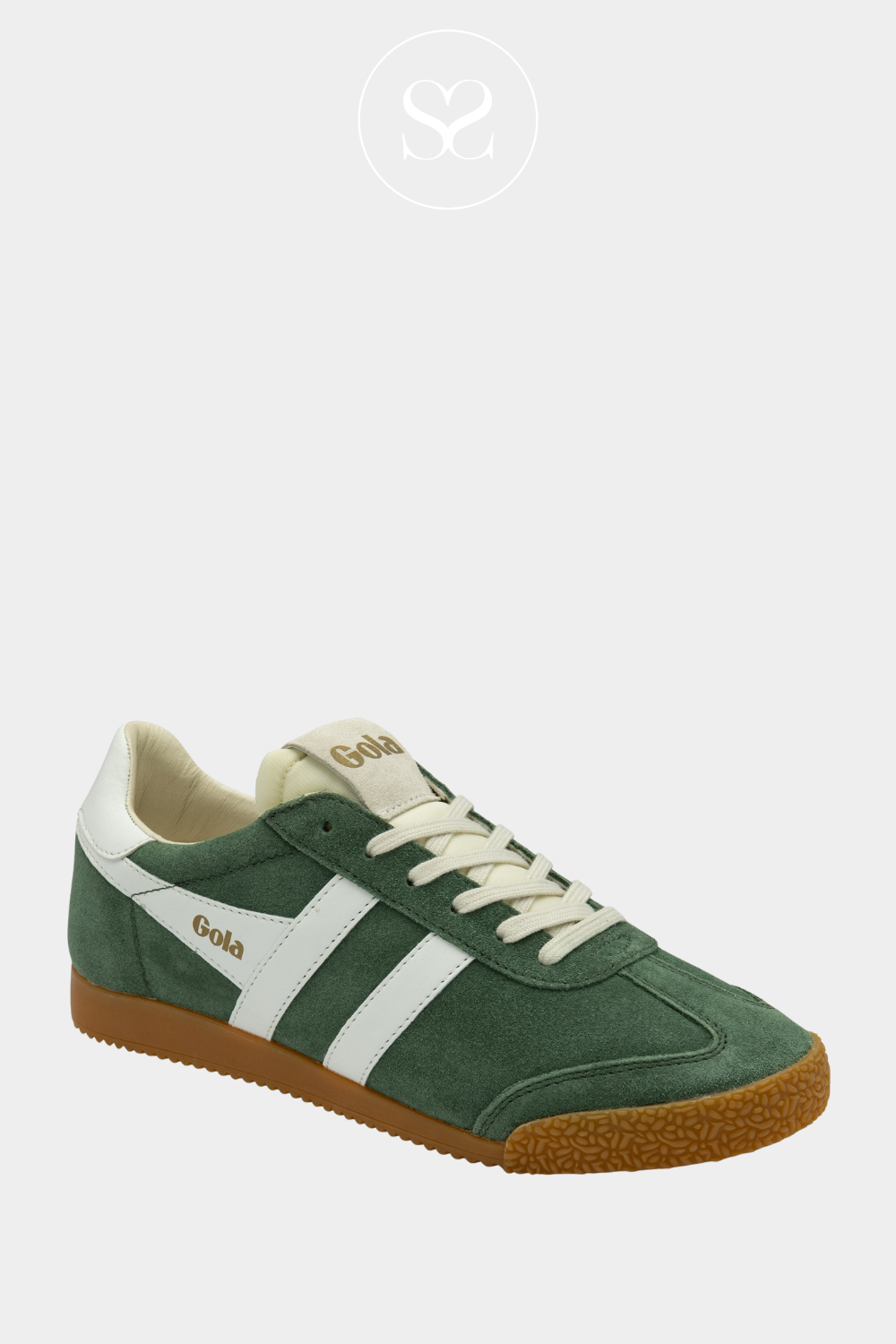 Gola Elan retro evergreen style with white lines. Laces, round toe, rubber sole suede trainers