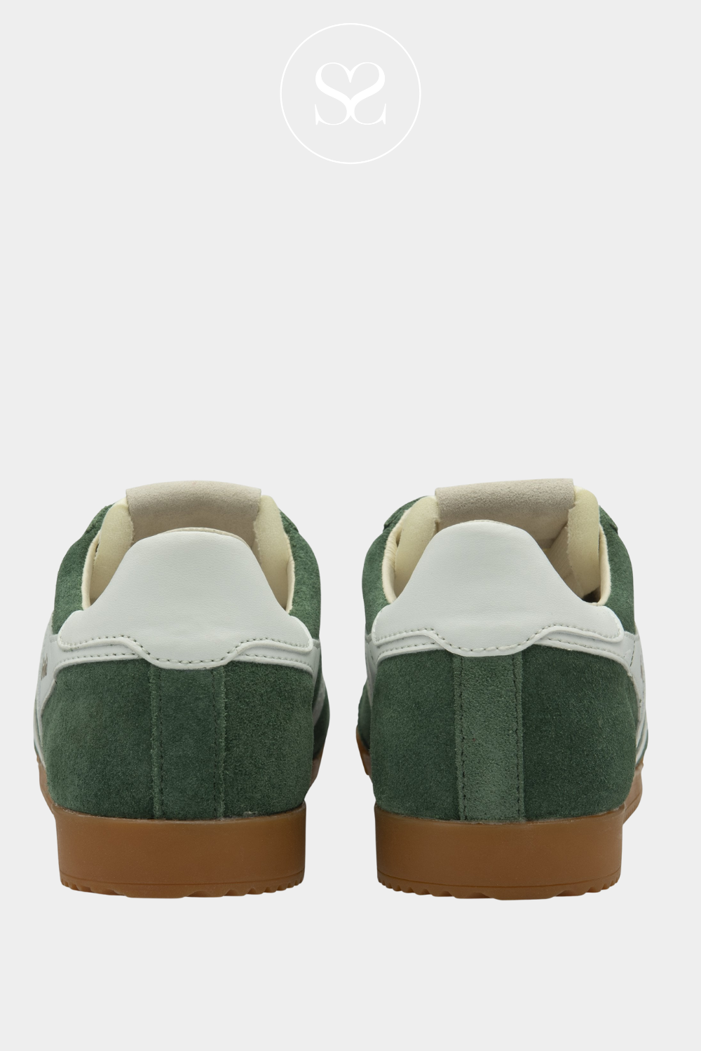 Gola Elan green suede trainer with white stripes on the side. Gola branding on the side. Round toe, white laces and rubber sole. Retro style. Comfortable sneaker. leather lined