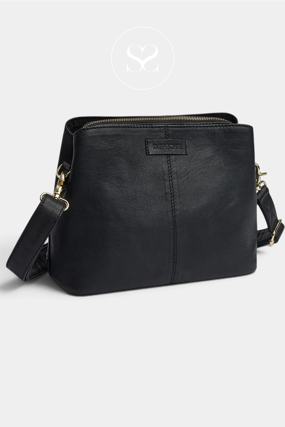 A black faux-leather shoulder bag with gold-tone hardware, featuring a top zipper, a front slip pocket, and a detachable shoulder strap, shown against a light gray background with a watermark logo at the top.
