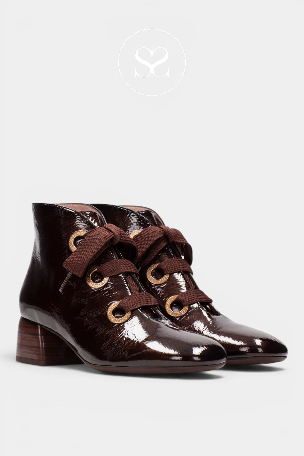 Hispanitas Brown Patent Block Heel Ankle Boots HI265052 for Women - Ireland