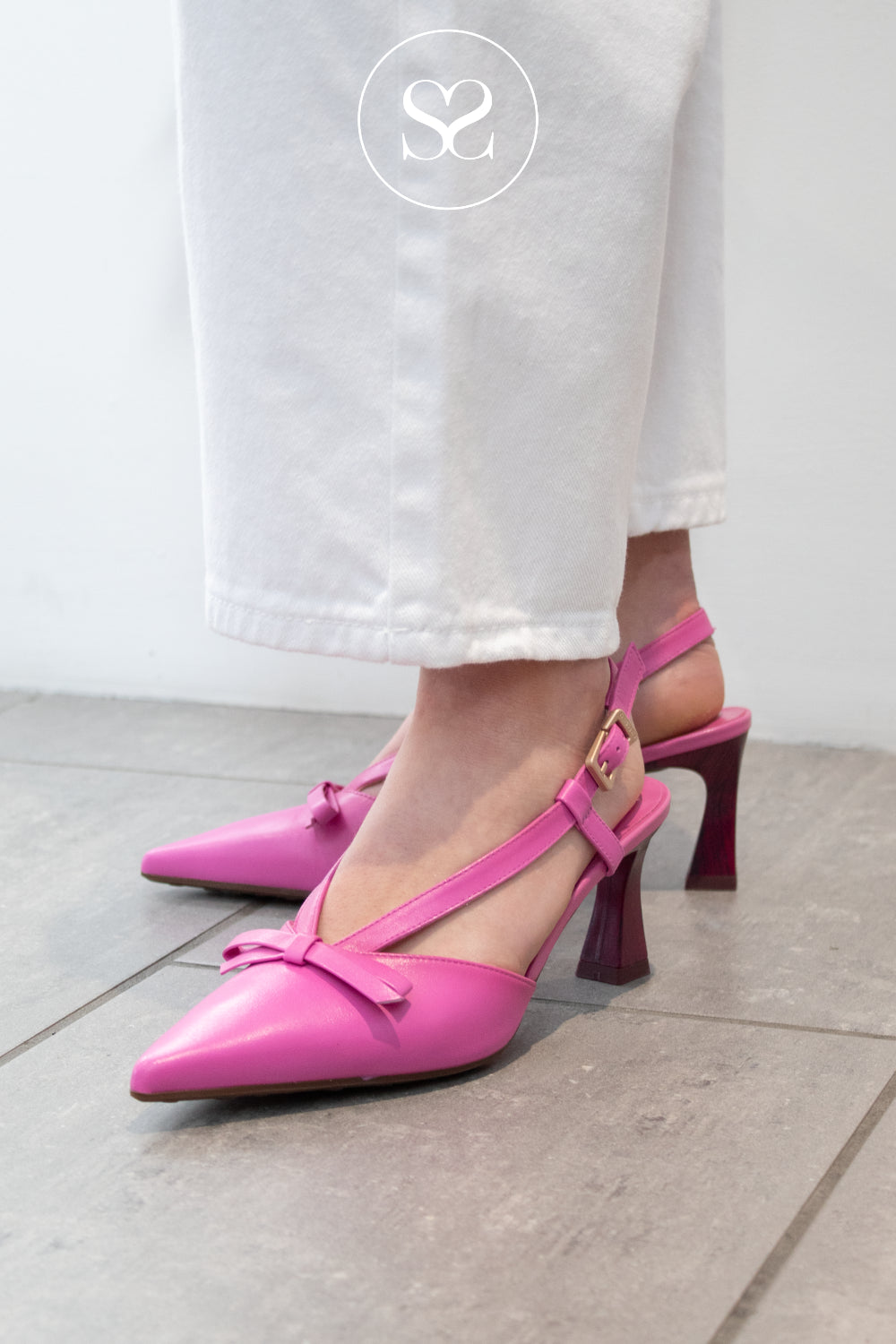 Pink leather high heels with bow and slingback from Hispanitas - available in Sheneil Shoes Ireland