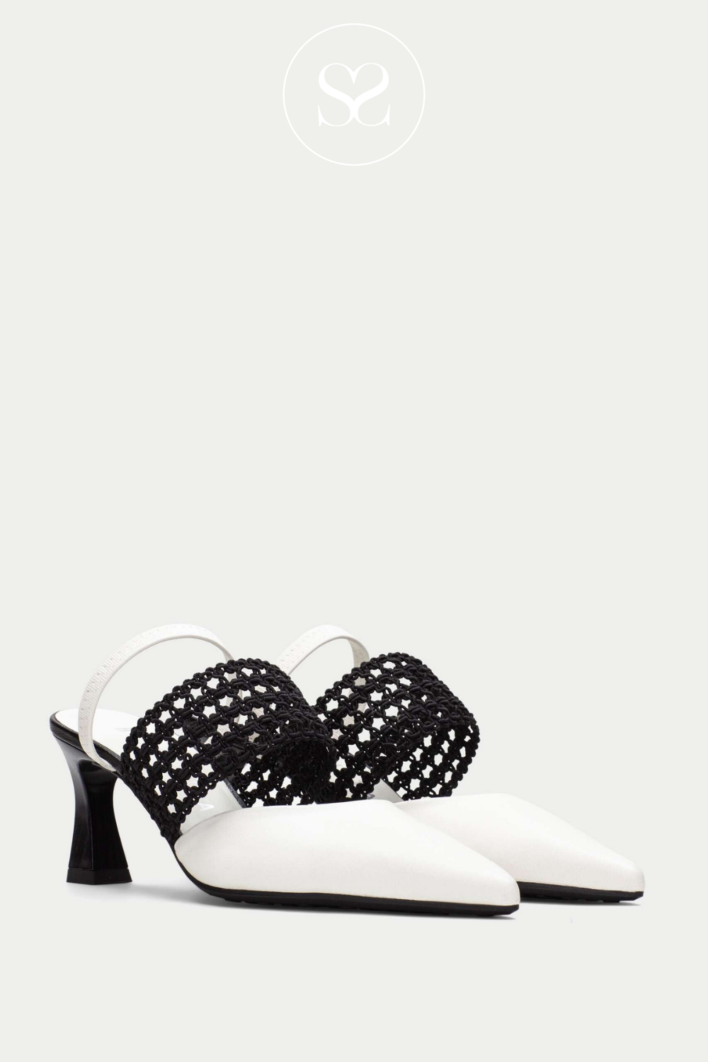 Hispanitas white pointed toe dressy heel with black heel and lace strap across the foot. Occassionwear