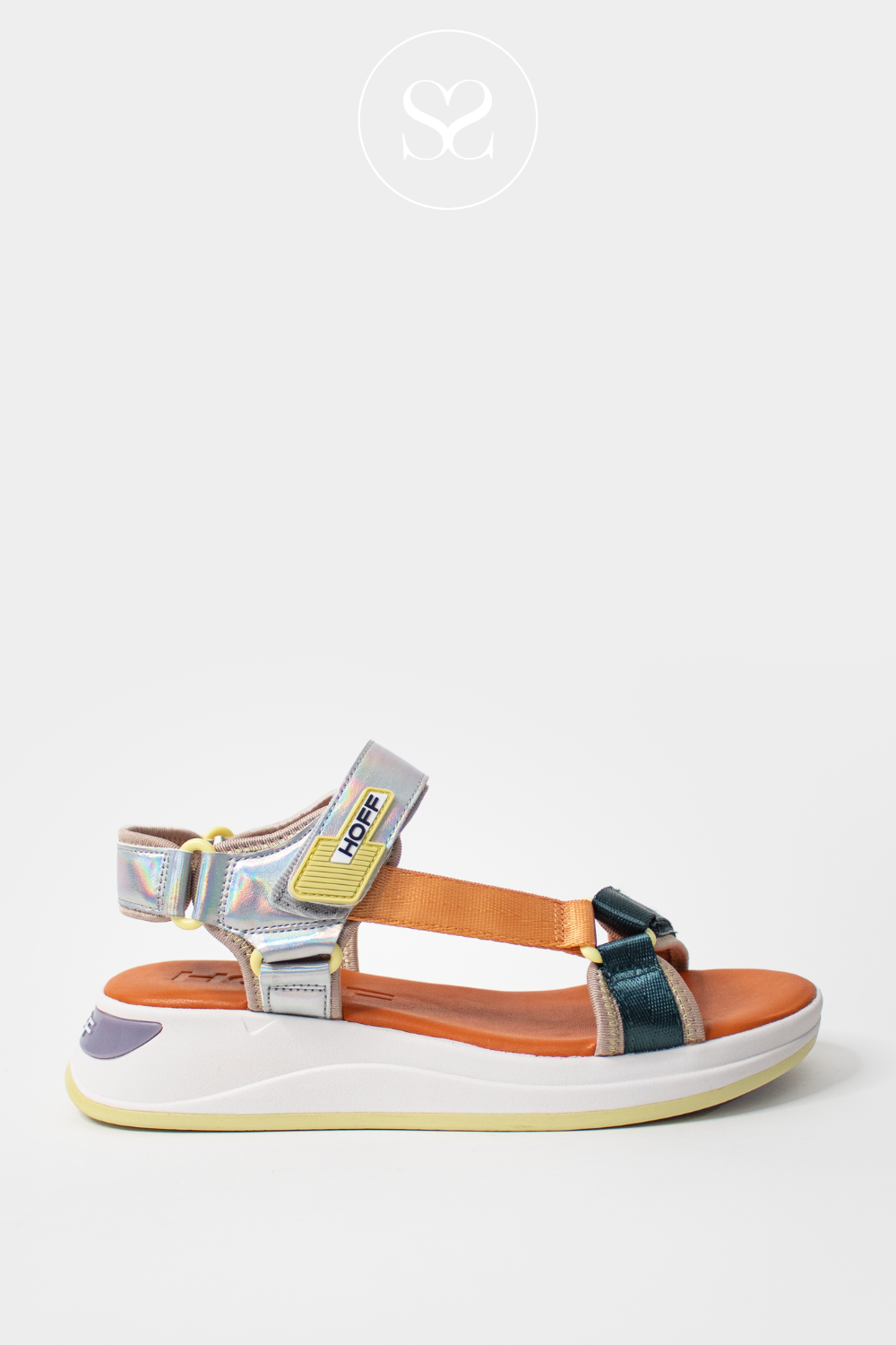 HOFF MANUI WOMENS SANDALS, METALLIC, TEAL AND ORANGE STRAPS
