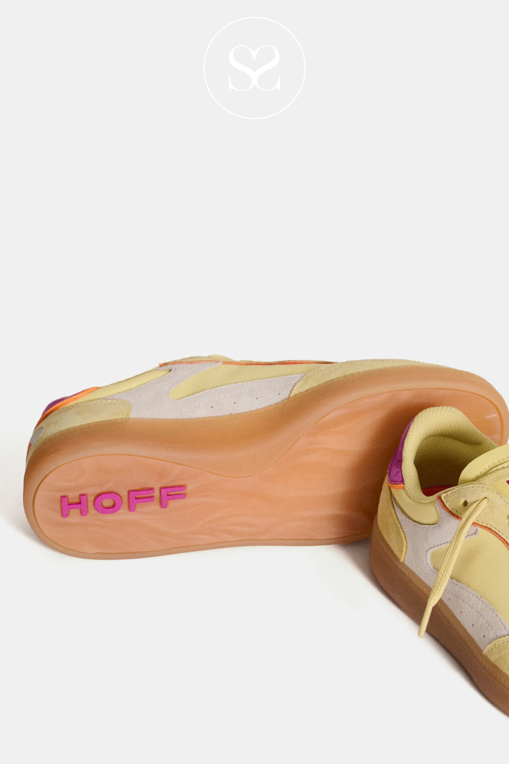 Colorful sneaker with Hoff branding on tongue and sole of trainer. Gum sole, laces and pop of pink create a retro style runner.