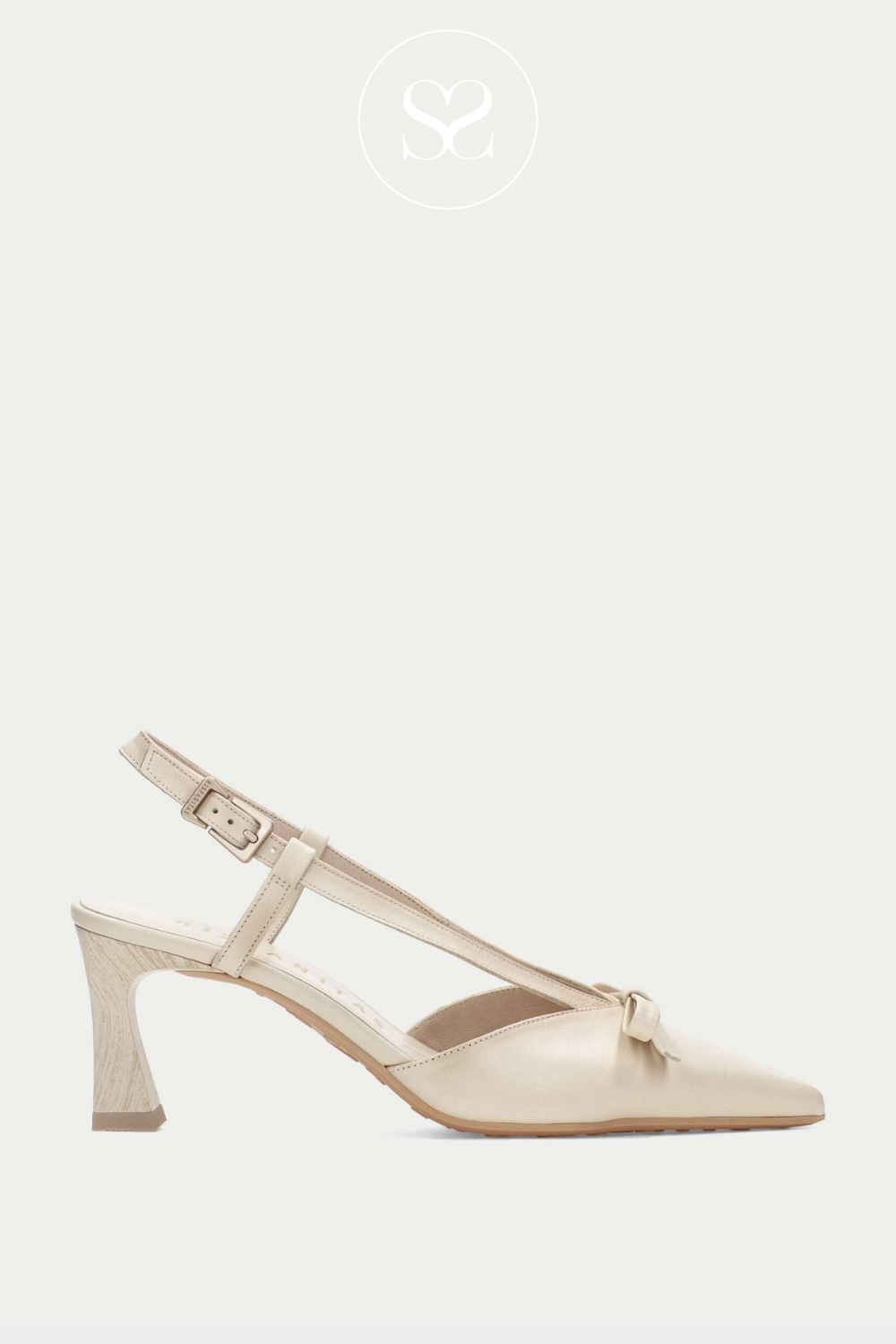 Hispanitas HV2644678 cream leather pointed toe high heel with adjustable ankle strap and small bow detail to the front