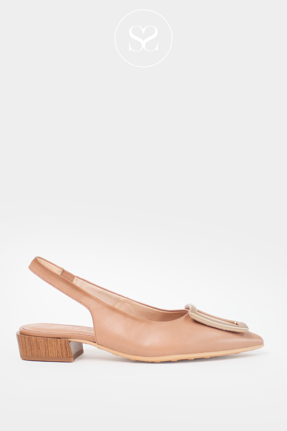 Hispanitas HV264849 camel low heel pointed toe elasticated slingback pumps. Smart casual workwear shoe