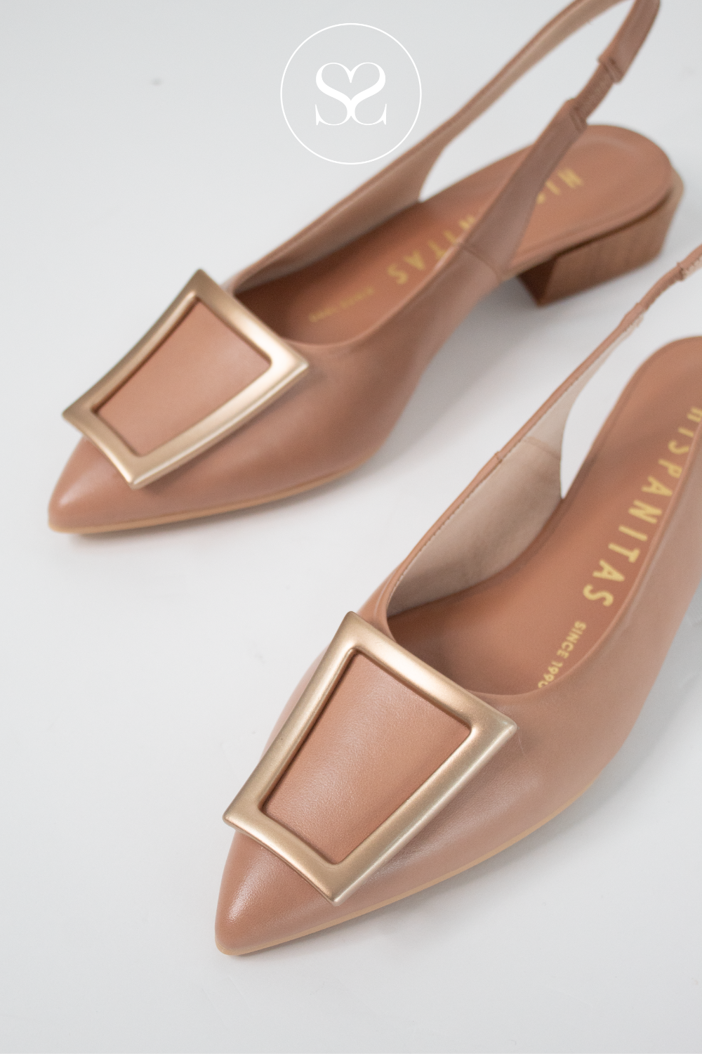 Hispanitas HV264849 camel pointed toe slingback with gold square design . low heel pumps