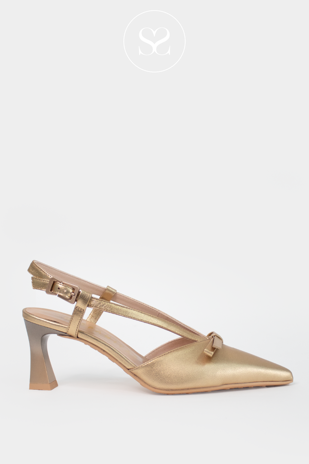 Hispanitas gold pointed toe slingback mid heel shoe. Small bow detail to the front. Adjustable ankle strap. Sculpted block heel shoe. Occasionwear shoe