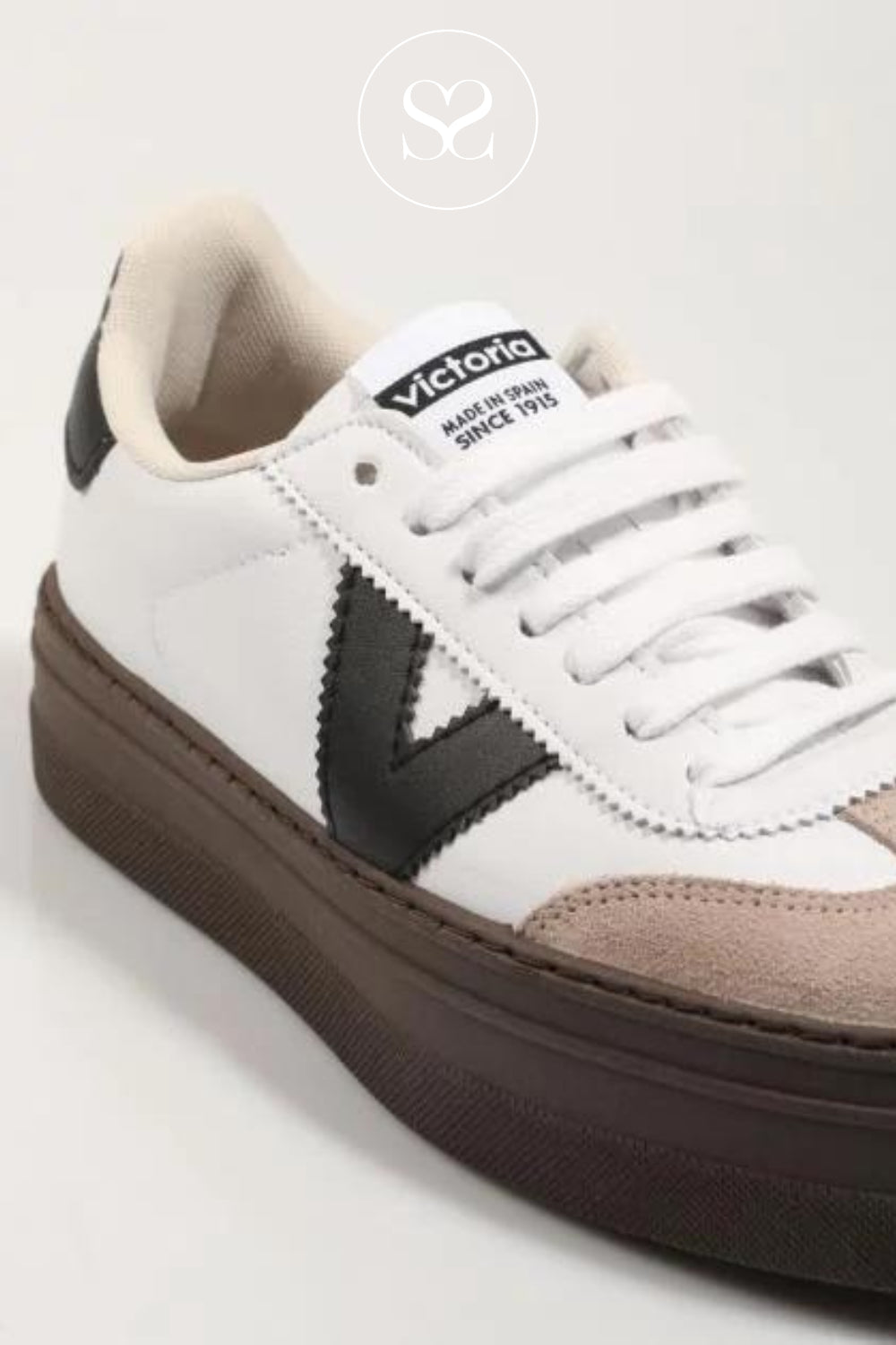 women's Victoria trainers in Ireland - white trainers with brown platfom sole and black v side detail