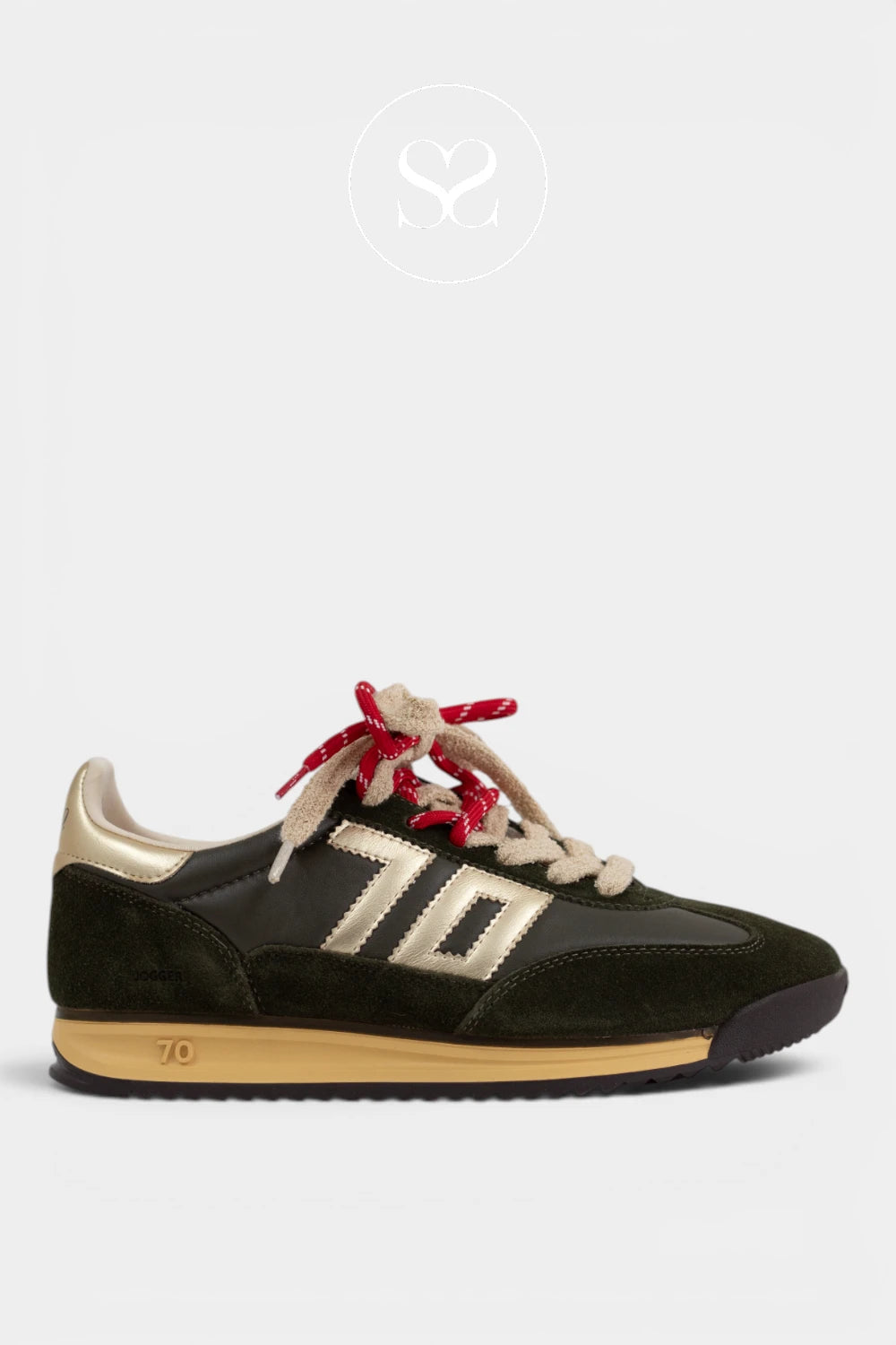 Back 70 retro khaki trainers with gold logo on the side and beige and red double laces.
