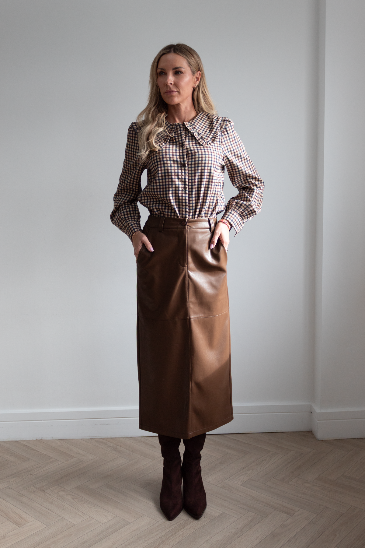 Brown Coated Straight Midi Skirt — Jouma