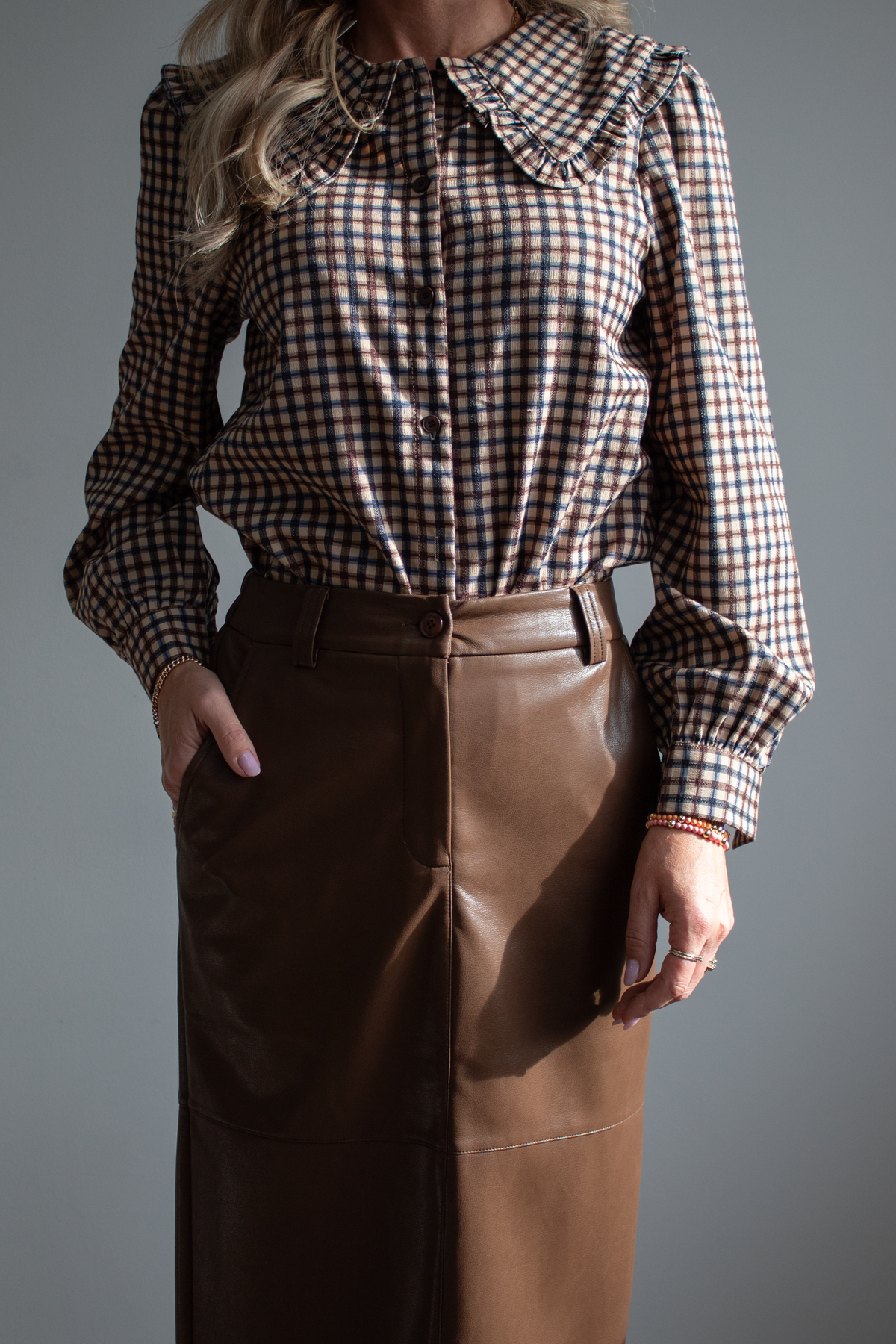 Brown Coated Straight Midi Skirt — Jouma