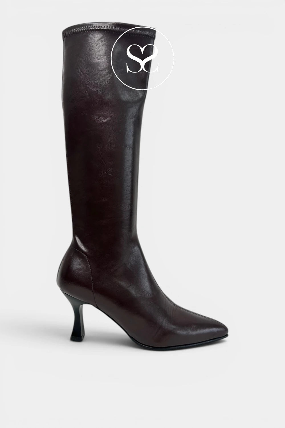 A dark brown leather knee-high boot with a pointed toe and a slim kitten heel, shown from a side profile on a light grey background.