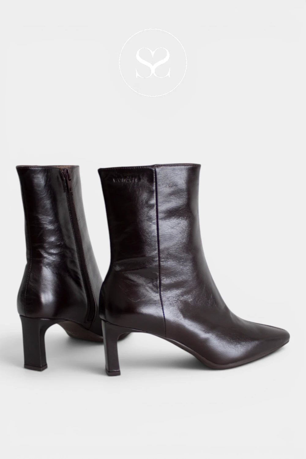 Women’s dark brown leather ankle boots with a sleek polished finish and a slim, elegant shape - Ireland