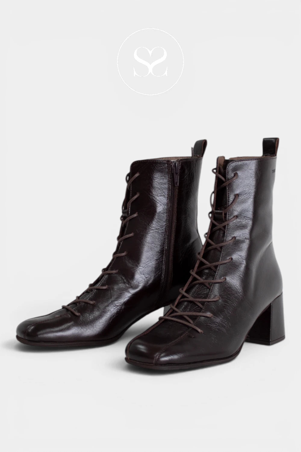 Brown lace-up boots for women featuring a mid block heel, side zip fastening and an easy-to-wear ankle-height shape for Women - Ireland