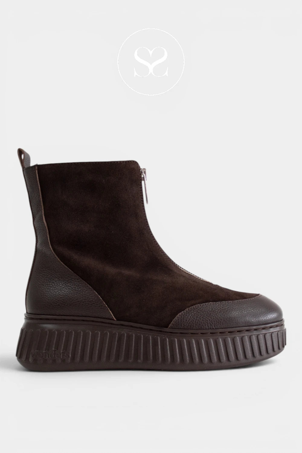 Wonders chocolate brown suede & leather zip front boots with wedge sole