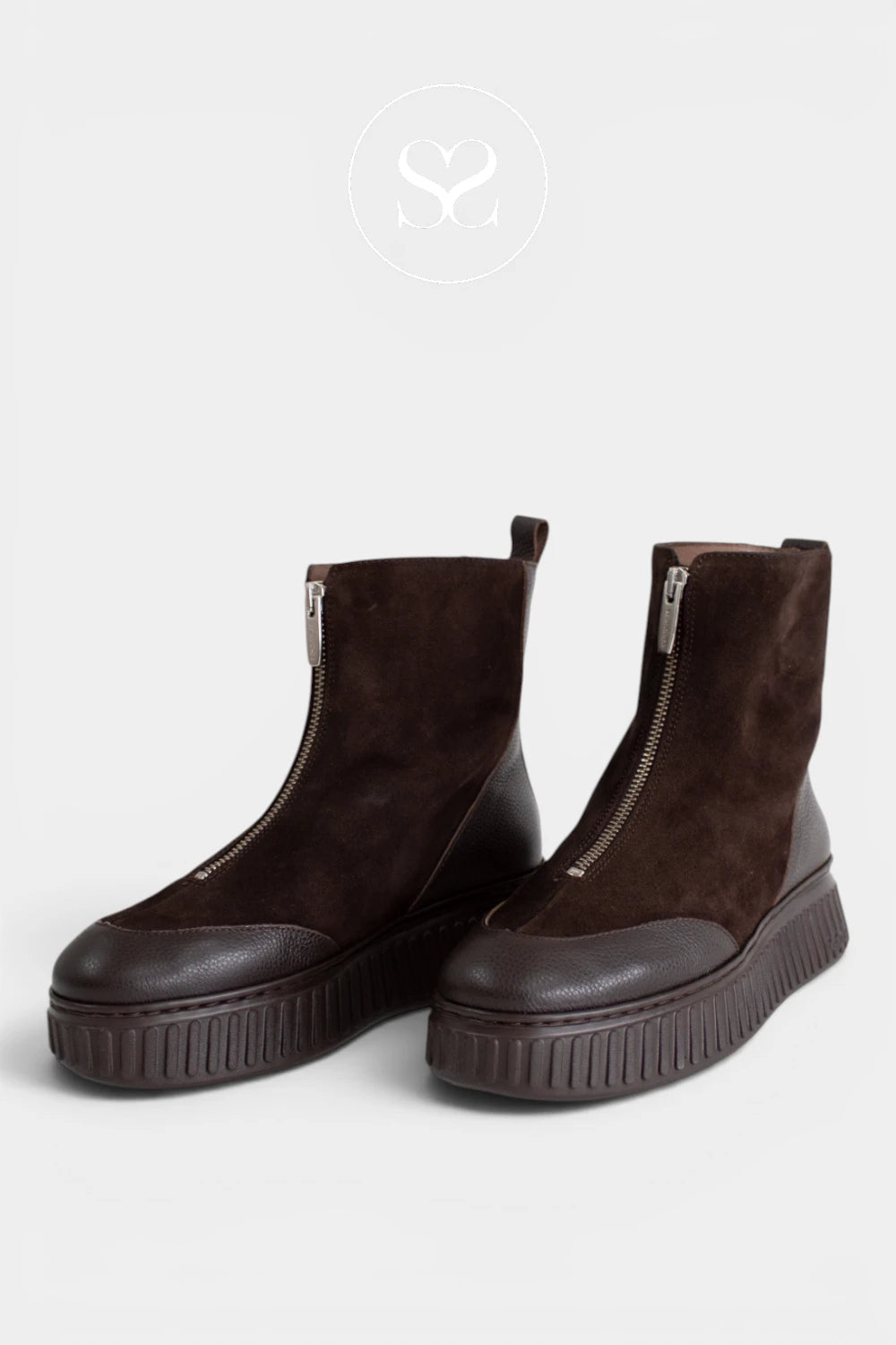 womens brown wedge boots with front zip detail from Wonders available in Ireland