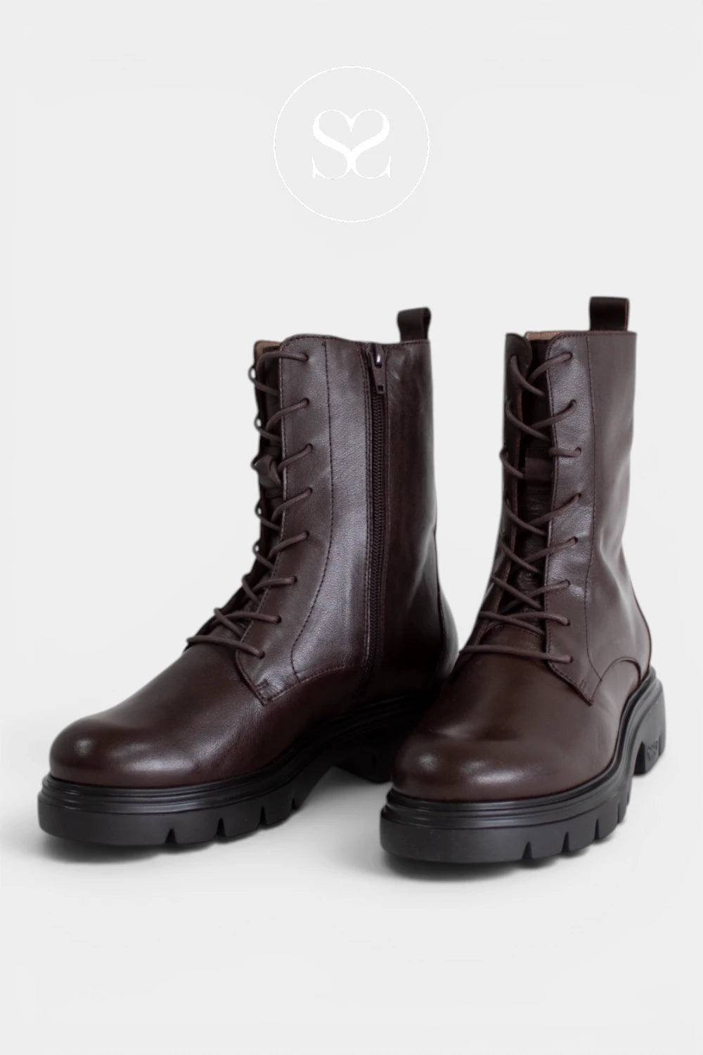 Brown combat boots for women featuring a chunky lug sole and low block heel for a modern, practical finish - Ireland