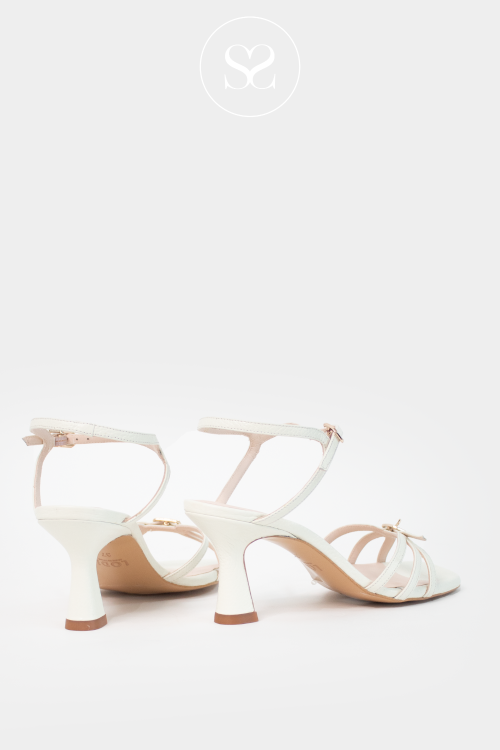 LODI Luki cream leather strappy sandals. Gladiator style heels with adjustable ankle strap, gel cushioning and sculpted wide base heel, occassion heel