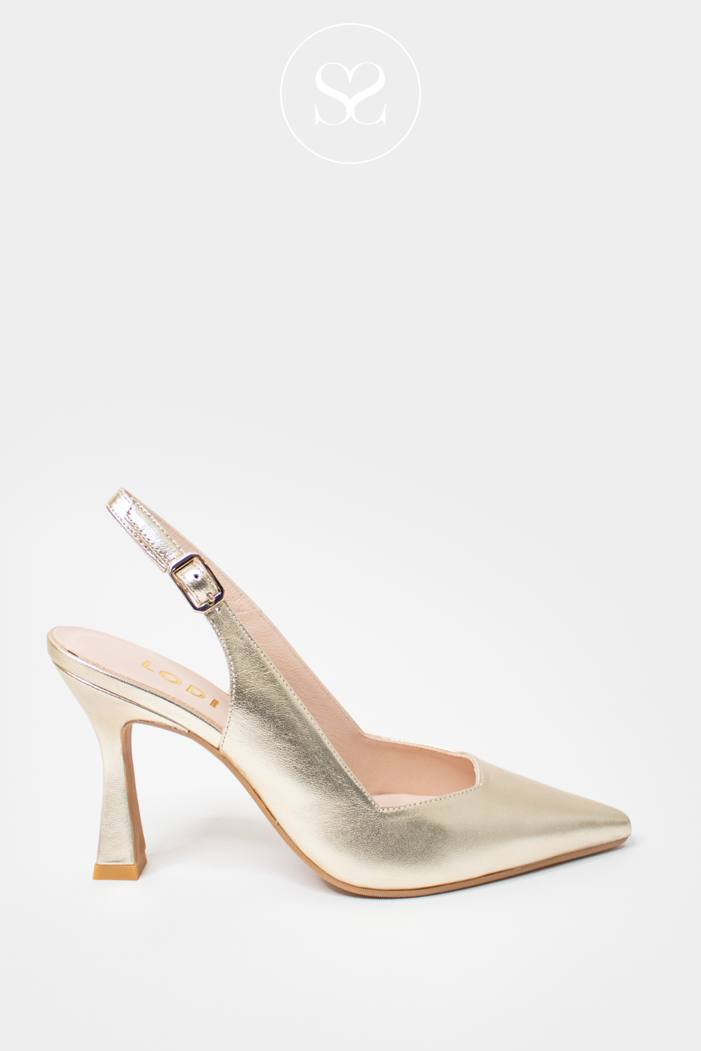 LODI MODERN GOLD LEATHER POINTED TOE HIGH HEEL WITH SCULPTED HEEL AND ADJUSTABLE SLINGBACK STRAP