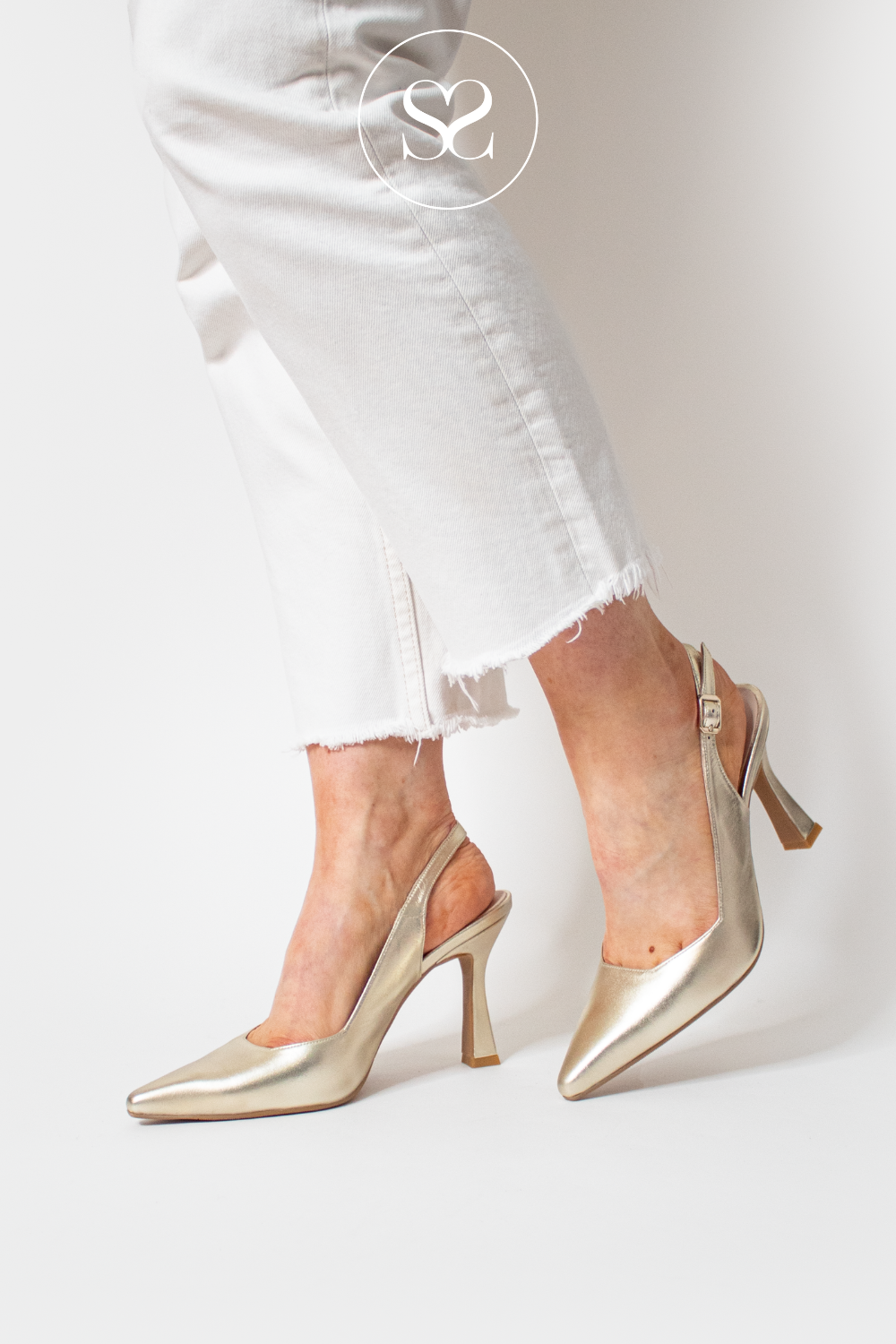 LODI MODERN GOLD LEATHER POINTED TOE HIGH HEEL WITH SCULPTED HEEL AND ADJUSTABLE SLINGBACK STRAP