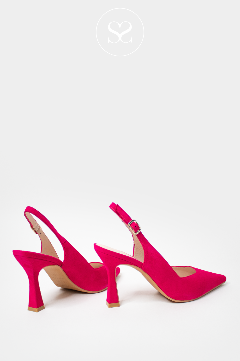 VLODI MODERN PINK SUEDE POINTED TOE SLINGBACK HIGH HEEL WITH SCULPTED HEEL AND ADJUSTABLE ANKLE STRAP