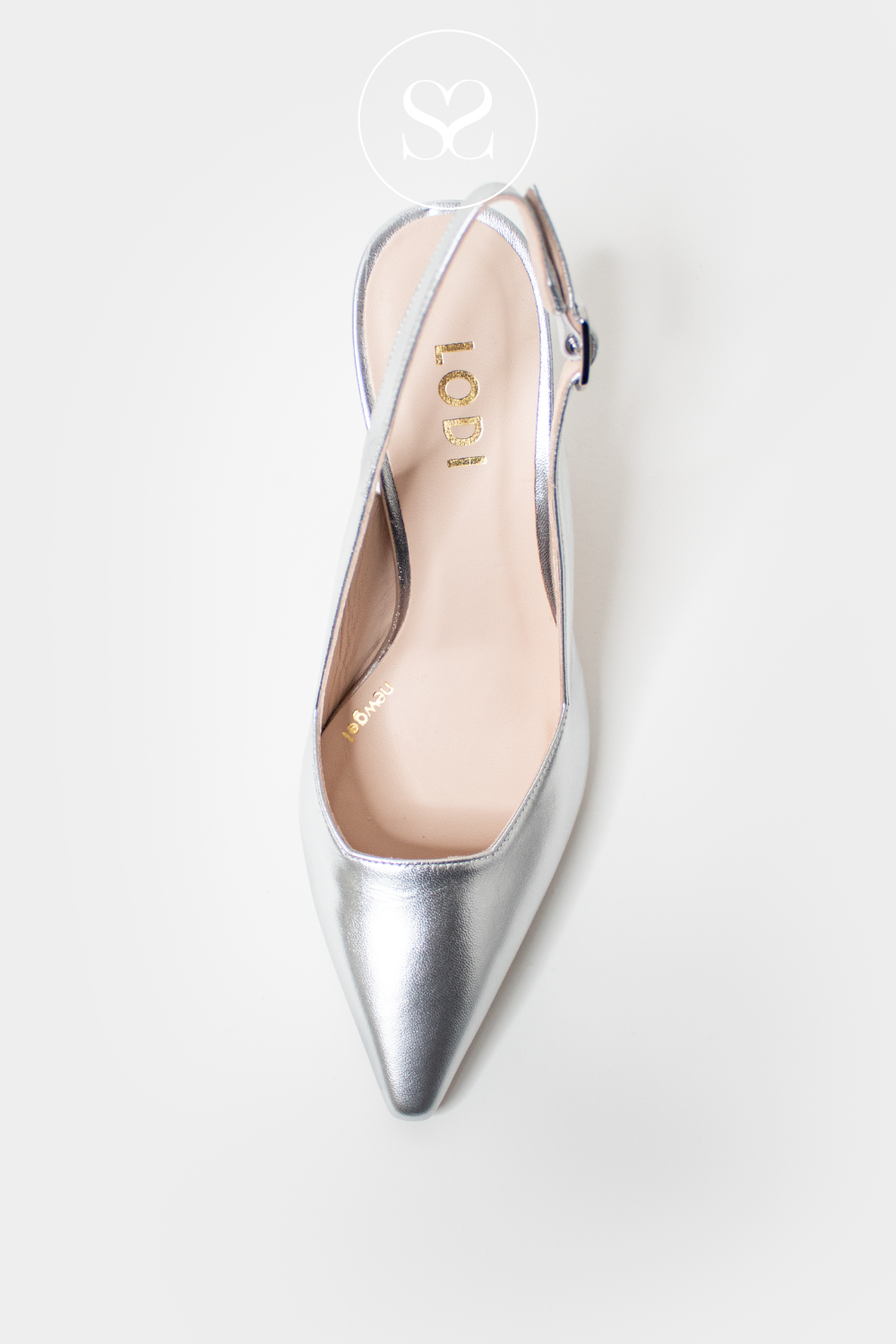 LODI MODERN SILVER LEATHER METALLIC POINTED TOE HIGH HEEL SLINGBACK WITH ADJUSTABL STRAP
