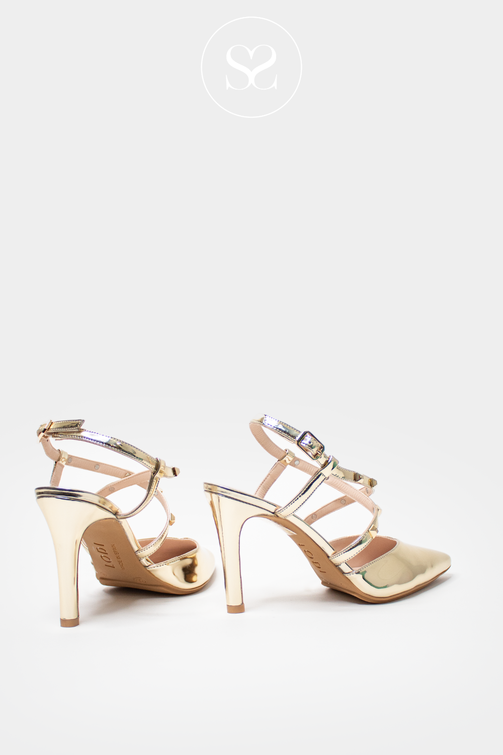 LODI RASIUN GOLD METALLIC MIRRORED POINTED TOE STRAPPY SLINGBACK WITH STUDS ON THE STRAP. HIGH STILETTO HEEL