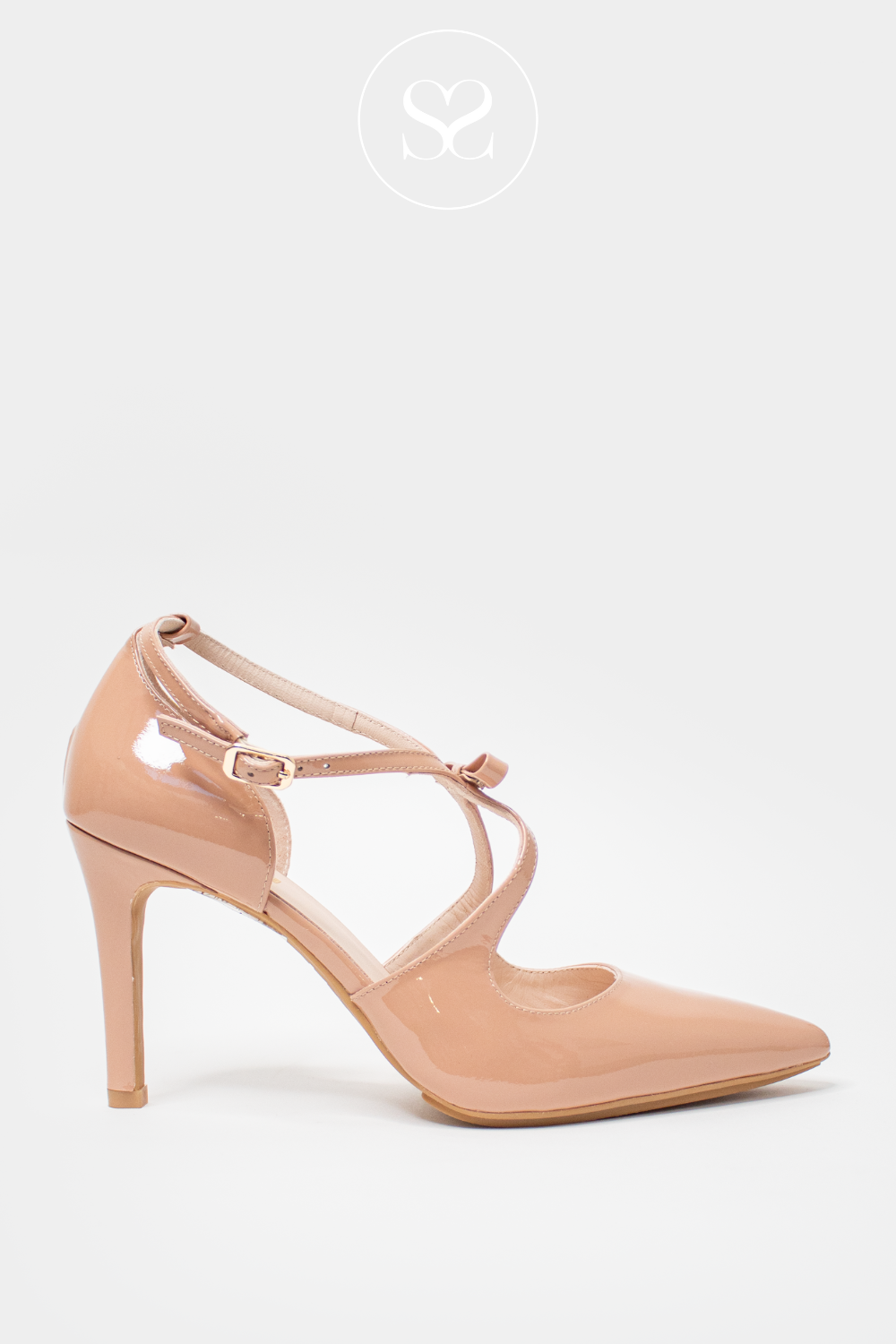 LODI REVECON NUDE PATENT POINTED TOE HIGH HEEL STILETTO WITH V-CUT CRISS CROSS STRAPS WITH BOW