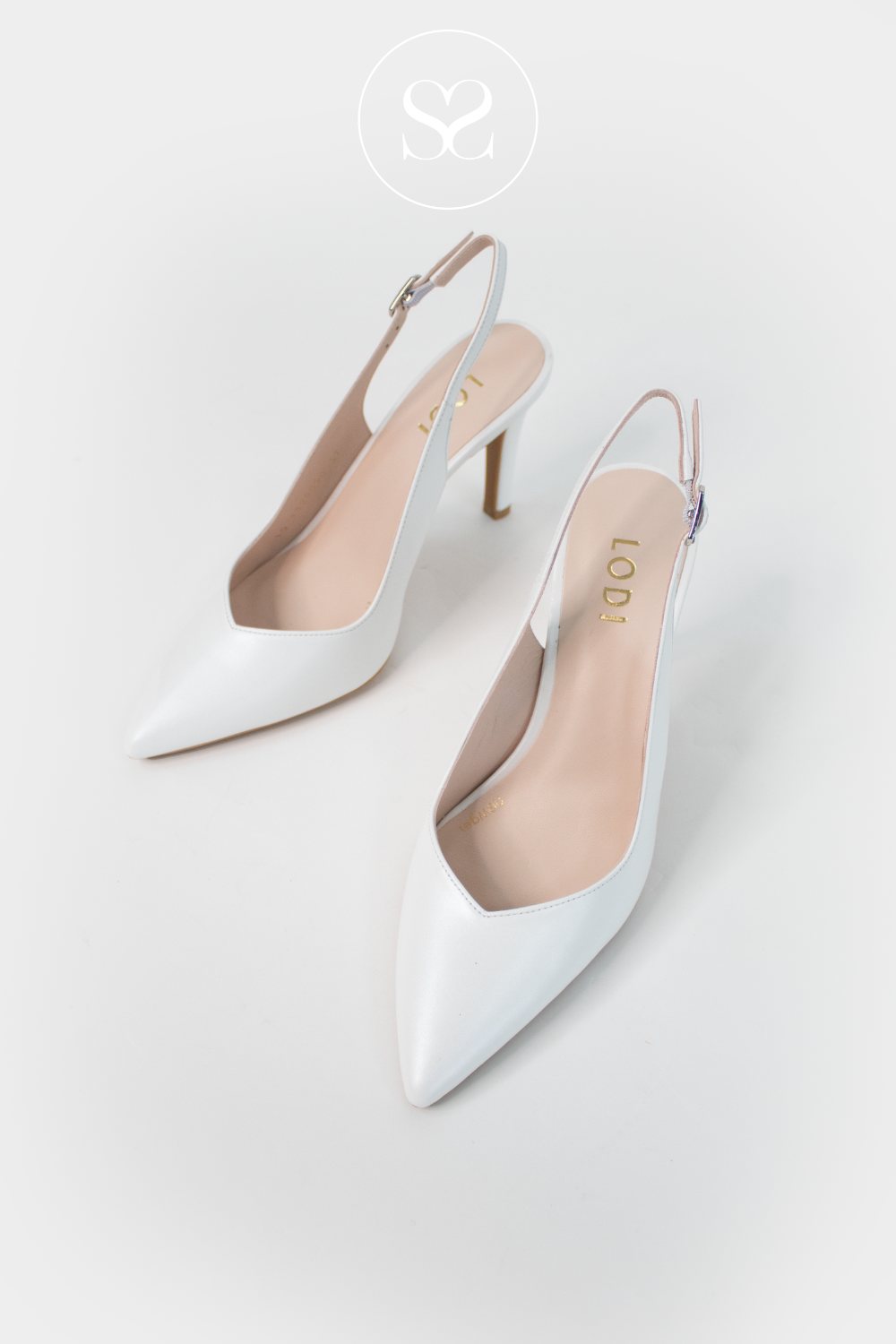 High heeled white leather summer heels. Slingback Lodi shoe with adjustable ankle strap. V-cut pointed toe heels with gel cushioned insole for added comfort