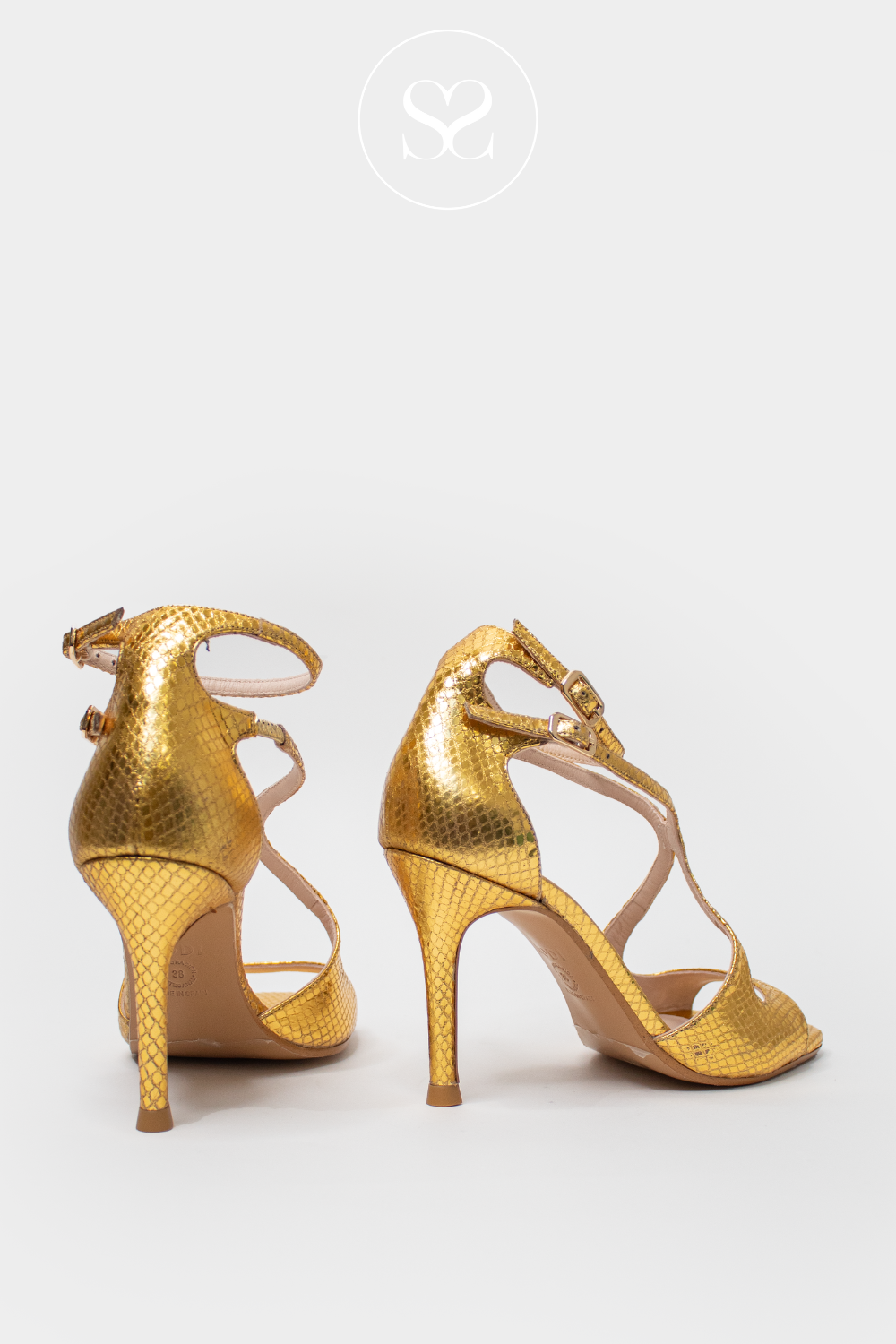 LODI SASUE ANTIQUE GOLD METALLIC GLADIATOR STYLE HIGH HEEL SANDALS WITH SQUARE TOE AND TWO ADJUSTABLE ANKLE STRAPS