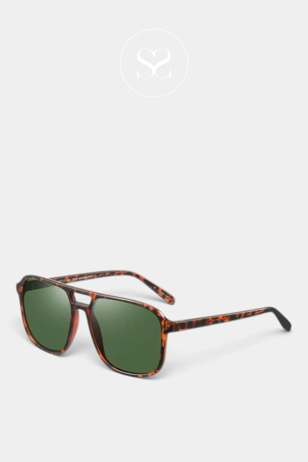 A pair of square aviator-style sunglasses with green lenses and a tortoiseshell frame, shown on a light gray background with a faint logo watermark above.