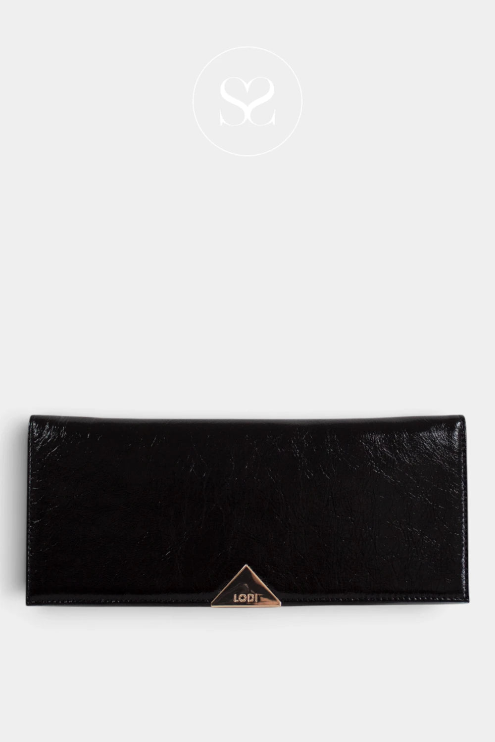 A black textured high shine leather clutch bag with a small gold-tone triangular metal accent at the bottom center from Lodi, displayed on a light grey background. Sheneil Shoes logo on top centre of screen