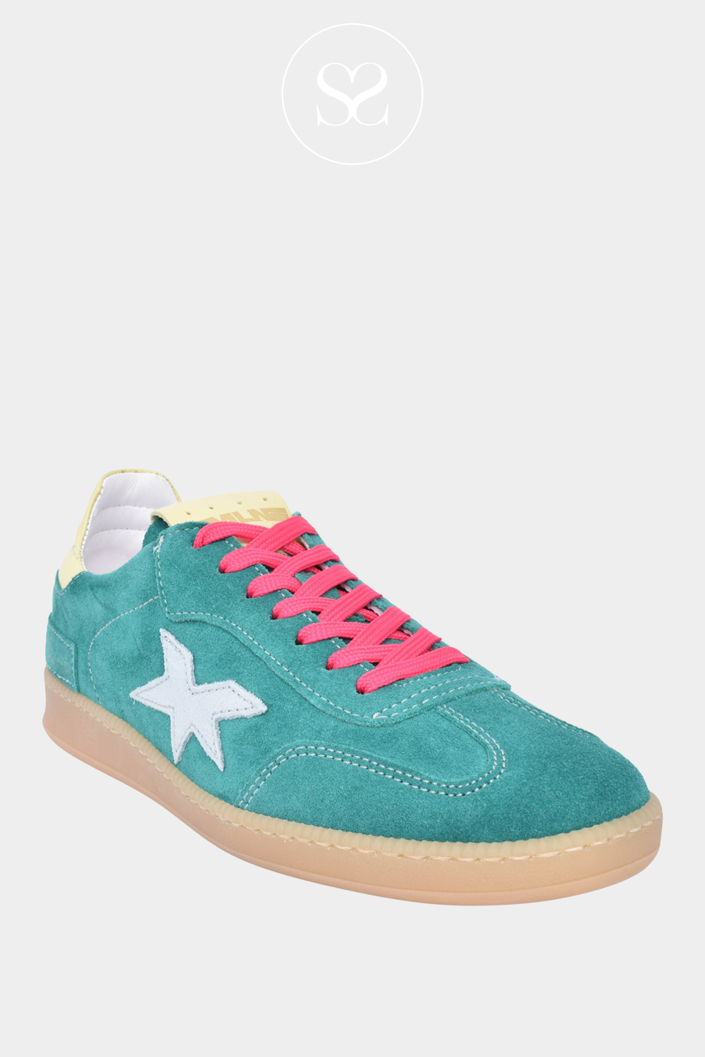 MELINE GREEN SUEDE LOW PROFILE SNEAKERS WITH PINK LACES AND YELLOW HEEL CAP. GUM SOLE. FASHION TRAINERS