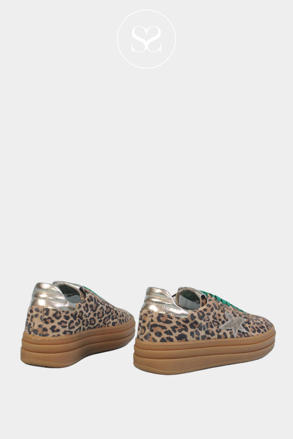 MELINE LEOPARD PRINT FLATFORM TRAINERS WITH GREEN LACES AND GOLD HEEL CAP AND STAR ON SIDE OF TRAINERS