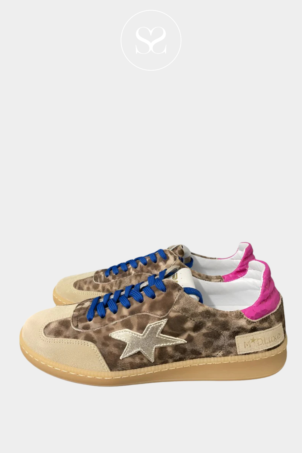 MELINE LEOPARD PRINT TRAINERS WITH BLUE LACES, PINK HEEL CAP AND SUEDE TOE CAP