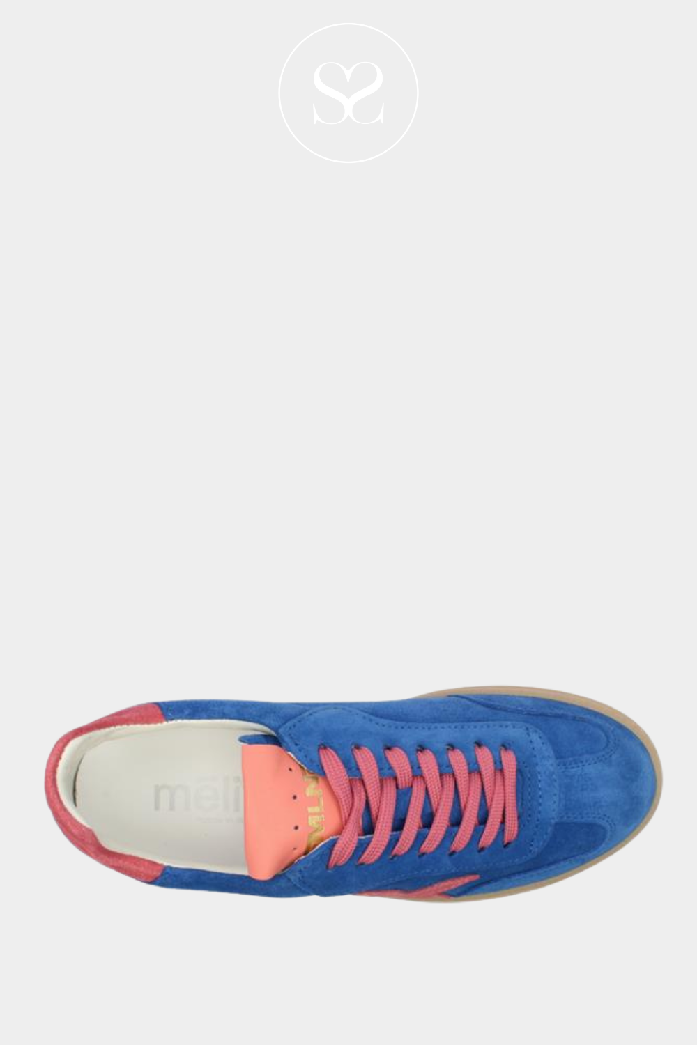 MELINE ROYAL BLUE FLATFORM TRAINERS WITH PINK LACES AND HEEL CAP. GUM SOLE. TREND FASHION SNEAKERS