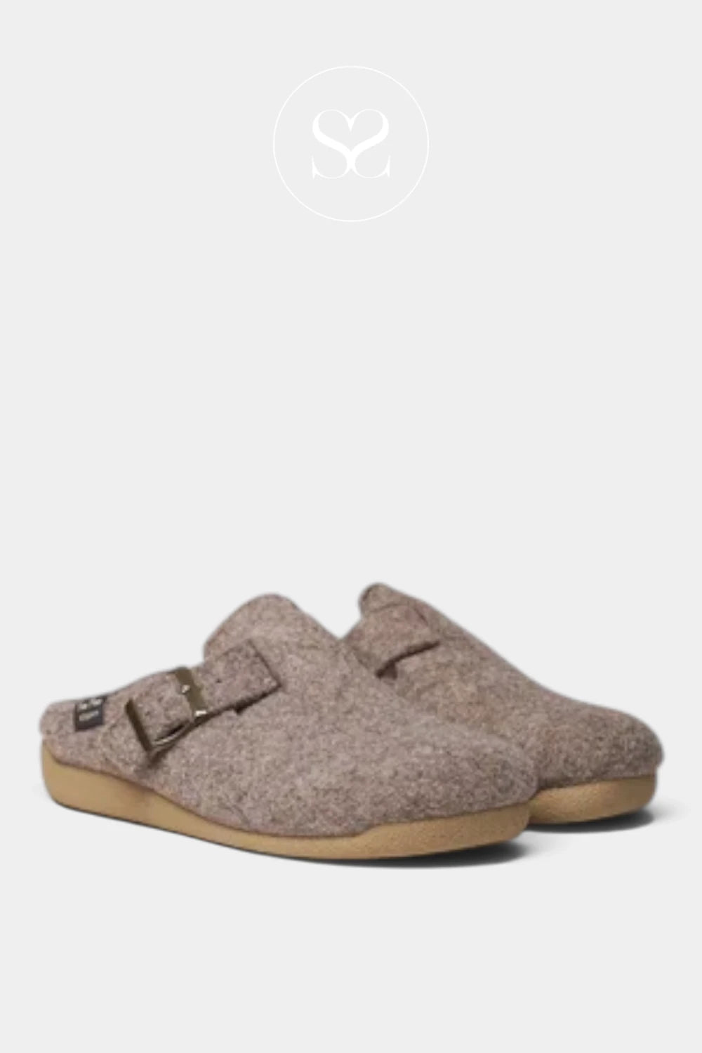A pair of slip-on clogs in a textured taupe-brown felt material with adjustable brown straps and tan soles, shown against a light gray background.