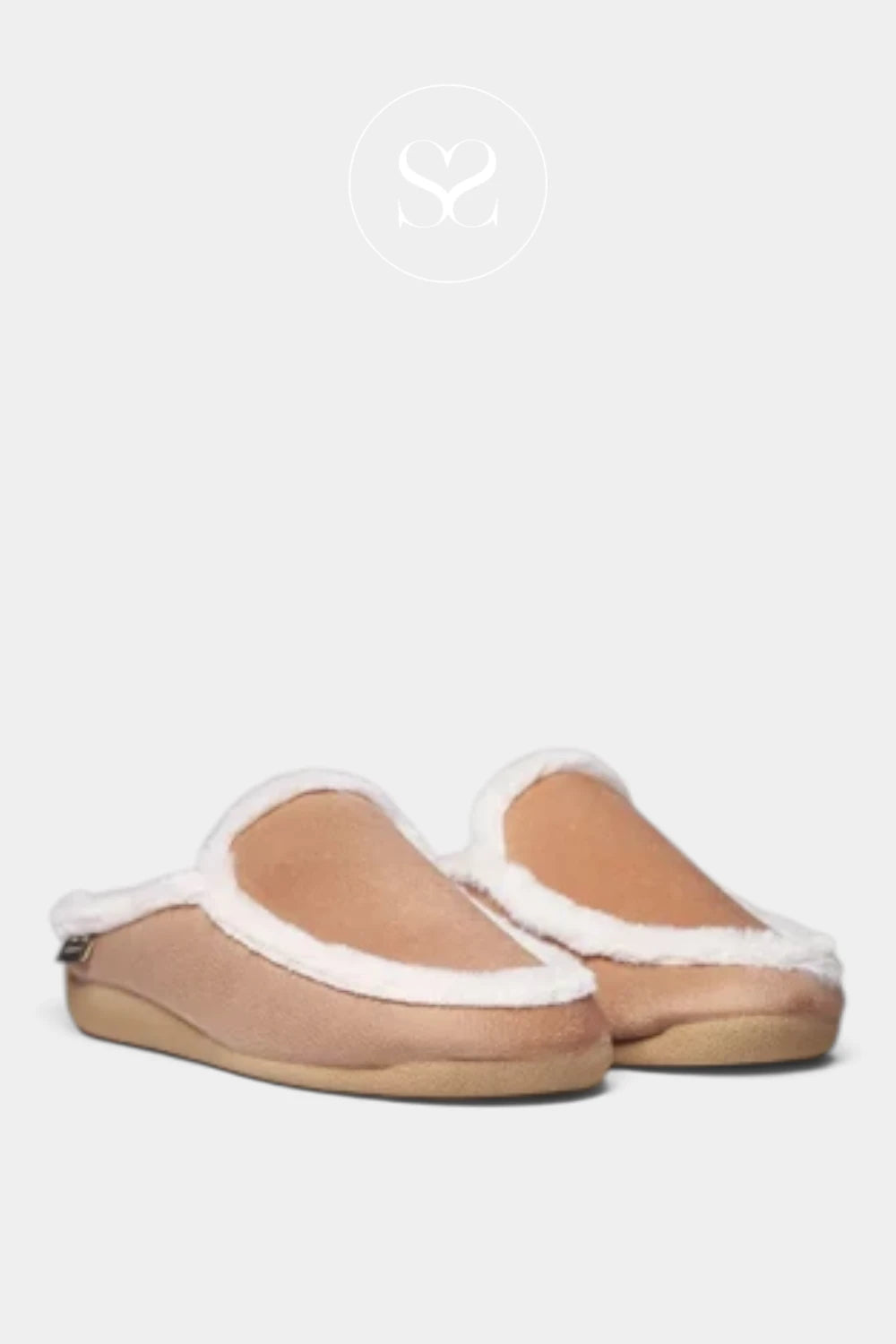 A pair of slip-on mule slippers in a light tan suede-like material with a white faux-fur trim, shown against a light gray background.