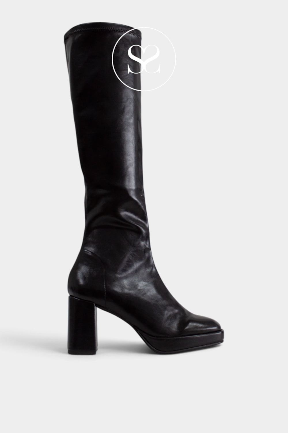Miss Elastic Black Leather Look Knee High Platform Boots - 77031
